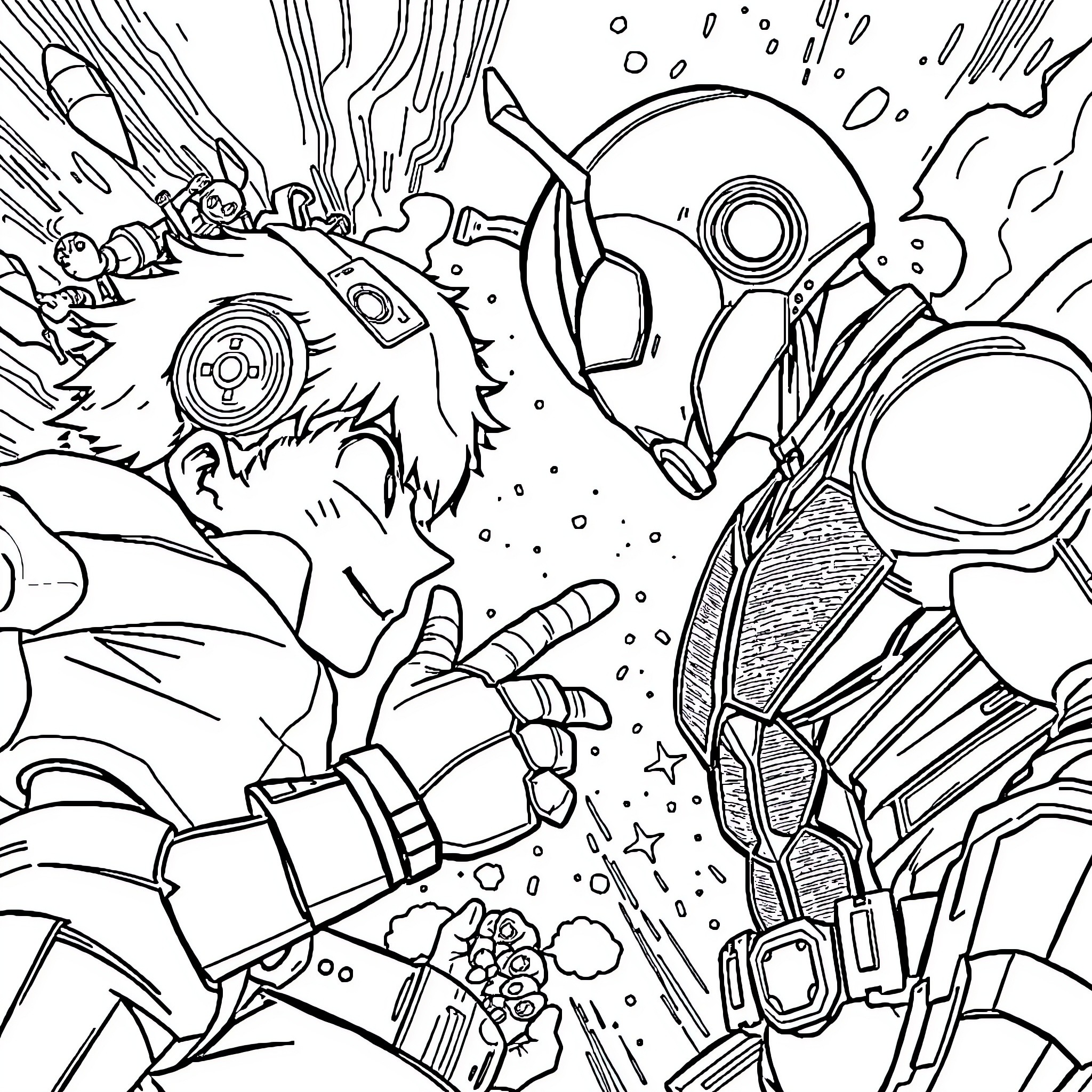 Hero battles against futuristic cosmic forces Coloring Page (free black-and-white line drawing printable PDF for all, from beginners to advanced learners, including children, teens, adults, and seniors)