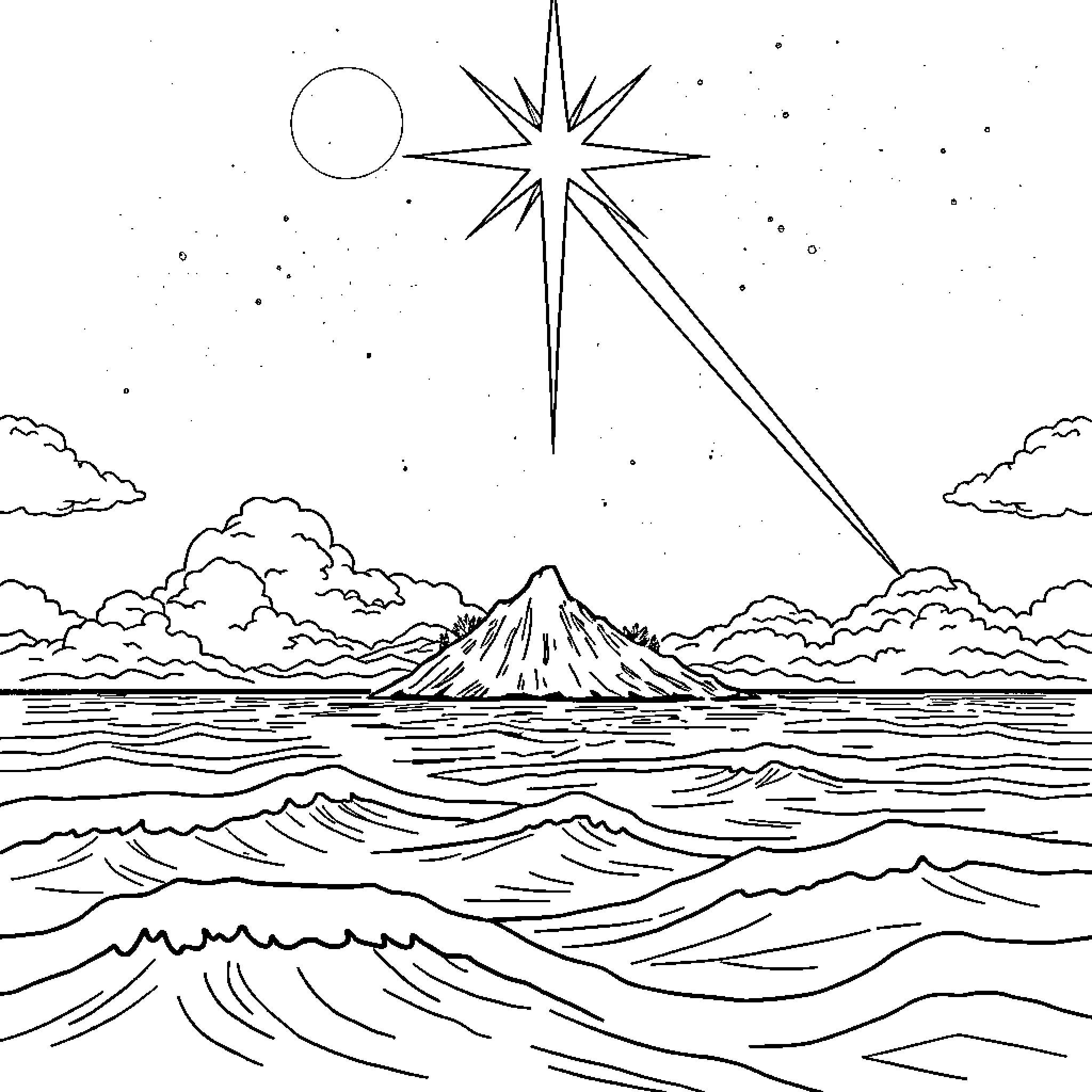 Star-Lit Seascape with Celestial Elements Coloring Page (free black-and-white line drawing printable PDF for all, from beginners to advanced learners, including children, teens, adults, and seniors)