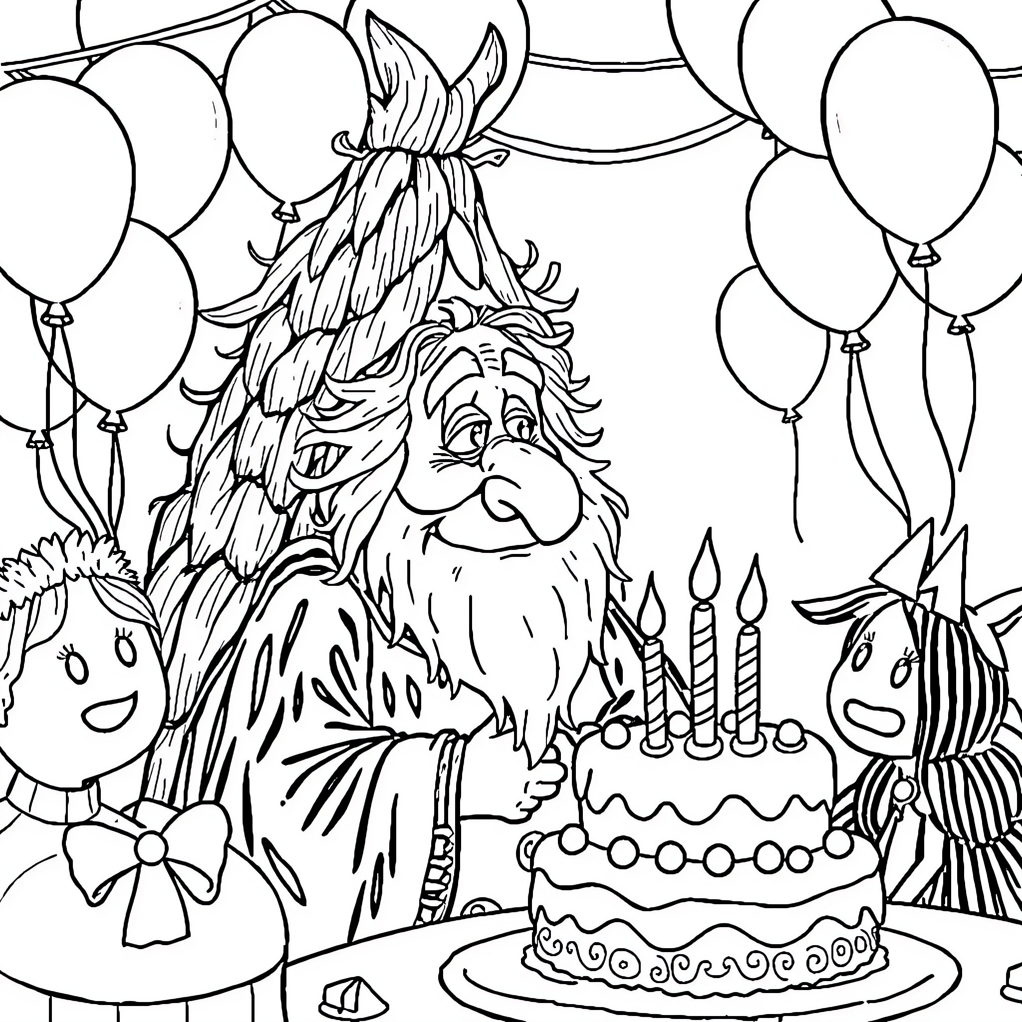 Baba Yaga's Magical Birthday Celebration Coloring Page (free black-and-white line drawing printable PDF for all, from beginners to advanced learners, including children, teens, adults, and seniors)