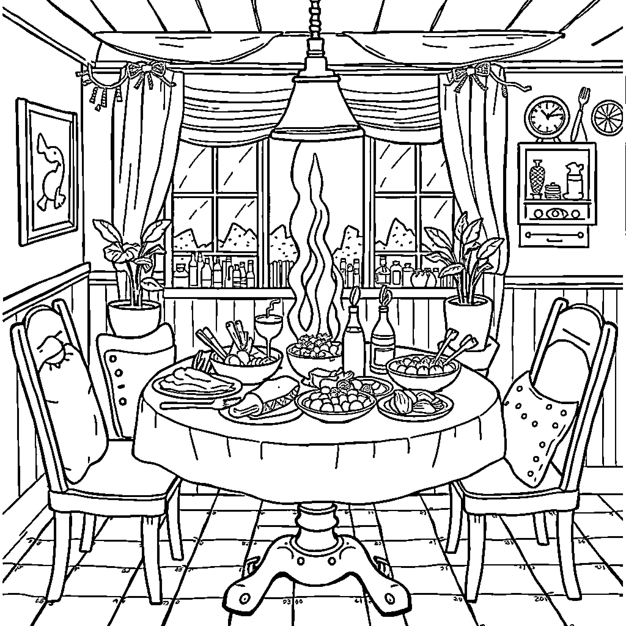 Drawing of a Festive Dining Room Scene Coloring Page (free black-and-white line drawing printable PDF for all, from beginners to advanced learners, including children, teens, adults, and seniors)