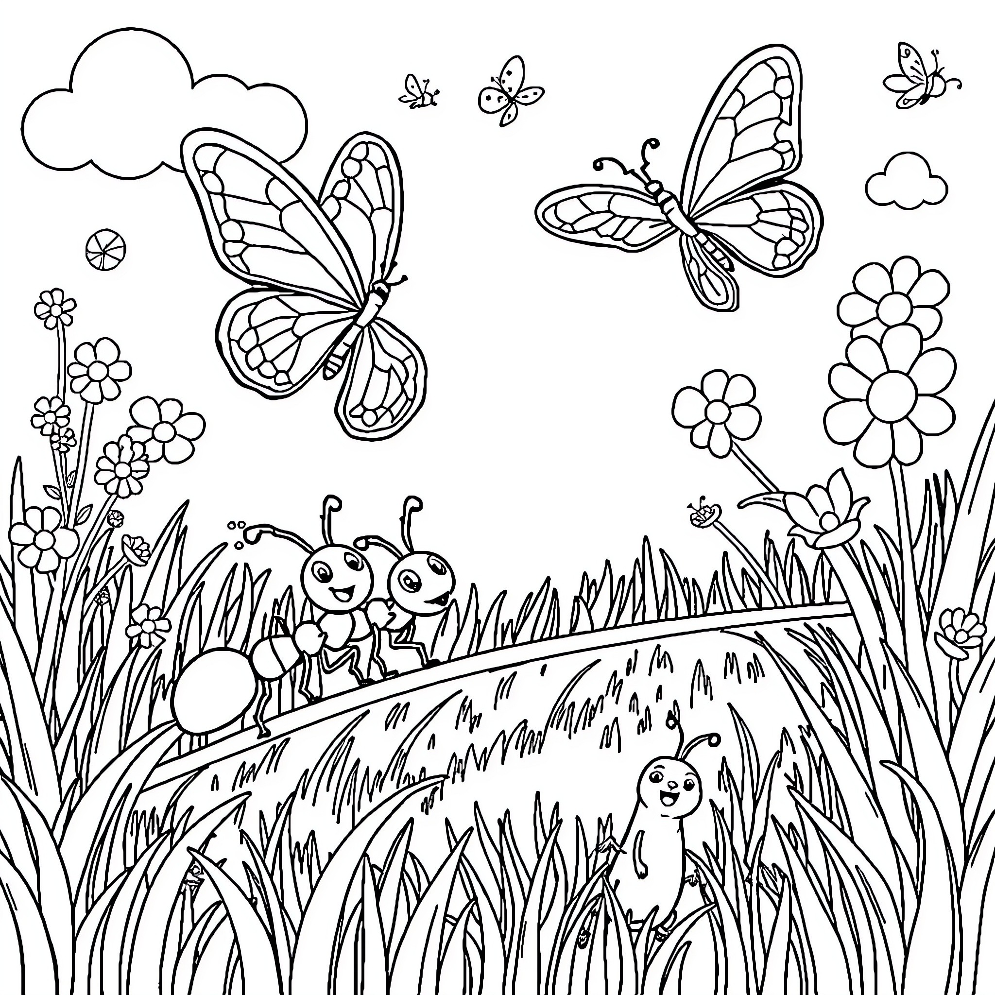 Insect friends exploring a flowery meadow Coloring Page (free black-and-white line drawing printable PDF for all, from beginners to advanced learners, including children, teens, adults, and seniors)