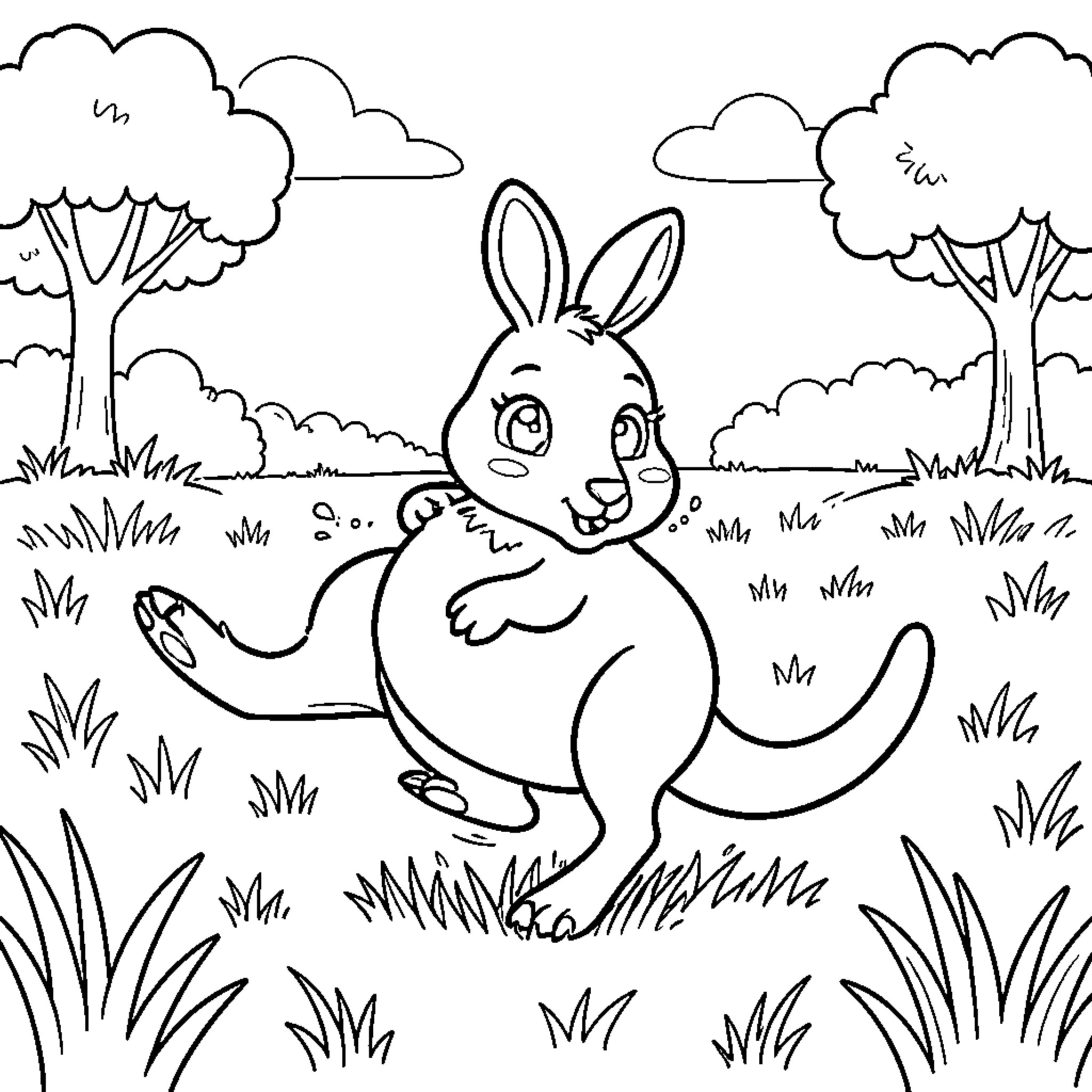 Kangaroo enjoying a scenic outdoor setting Coloring Page (free black-and-white line drawing printable PDF for all, from beginners to advanced learners, including children, teens, adults, and seniors)