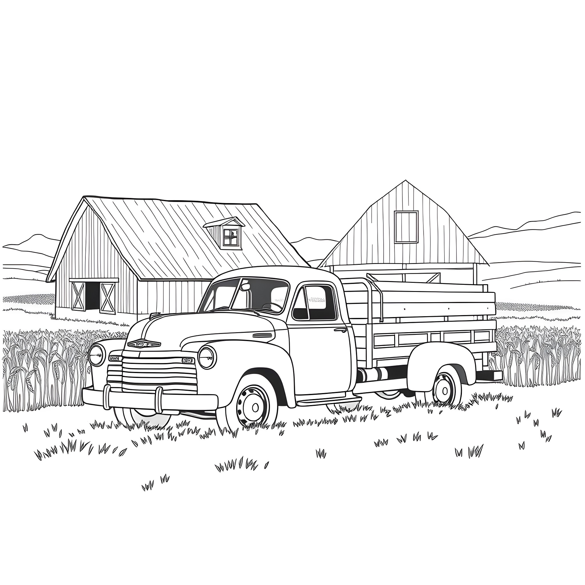 Pickup truck transporting goods in rural landscape Coloring Page (free black-and-white line drawing printable PDF for all, from beginners to advanced learners, including children, teens, adults, and seniors)