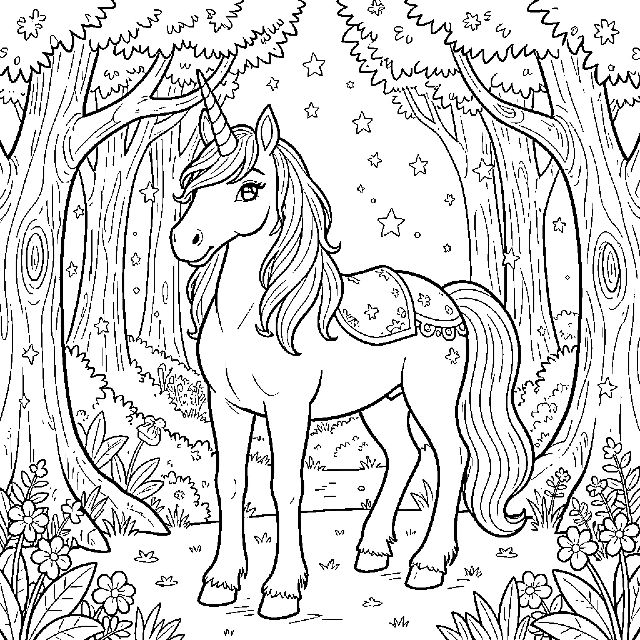 Unicorn standing gracefully amidst a magical forest Coloring Page (free black-and-white line drawing printable PDF for all, from beginners to advanced learners, including children, teens, adults, and seniors)