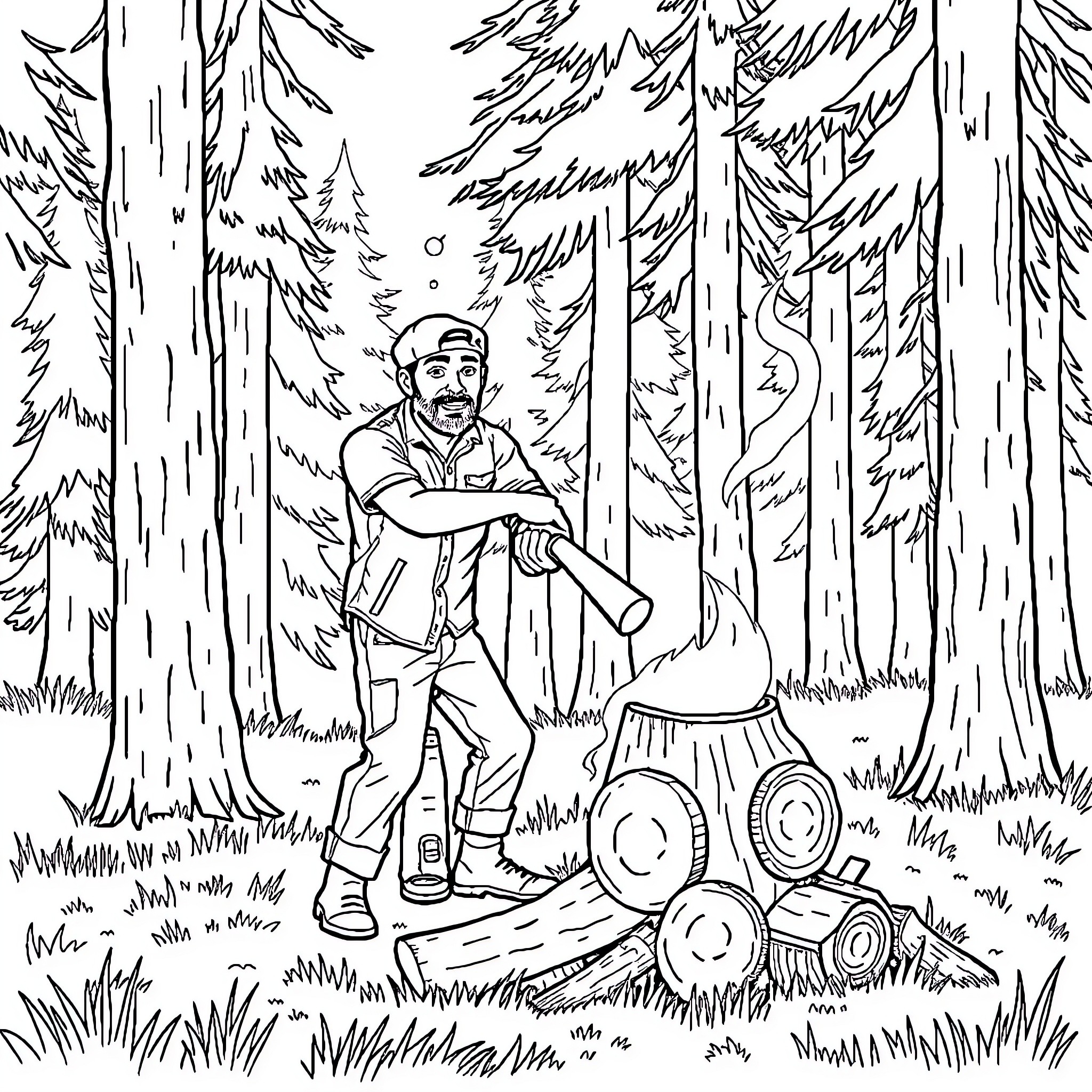 Dad works diligently chopping wood in the forest Coloring Page (free black-and-white line drawing printable PDF for all, from beginners to advanced learners, including children, teens, adults, and seniors)
