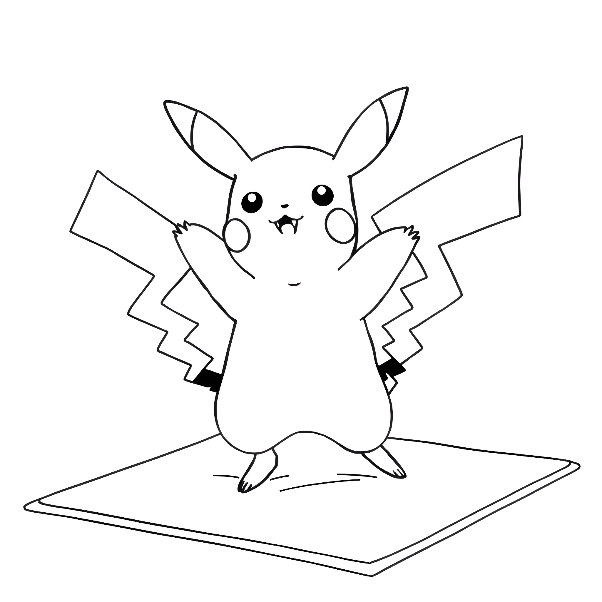 Pikachu standing in a simple scene Coloring Page (free black-and-white line drawing printable PDF for all, from beginners to advanced learners, including children, teens, adults, and seniors)