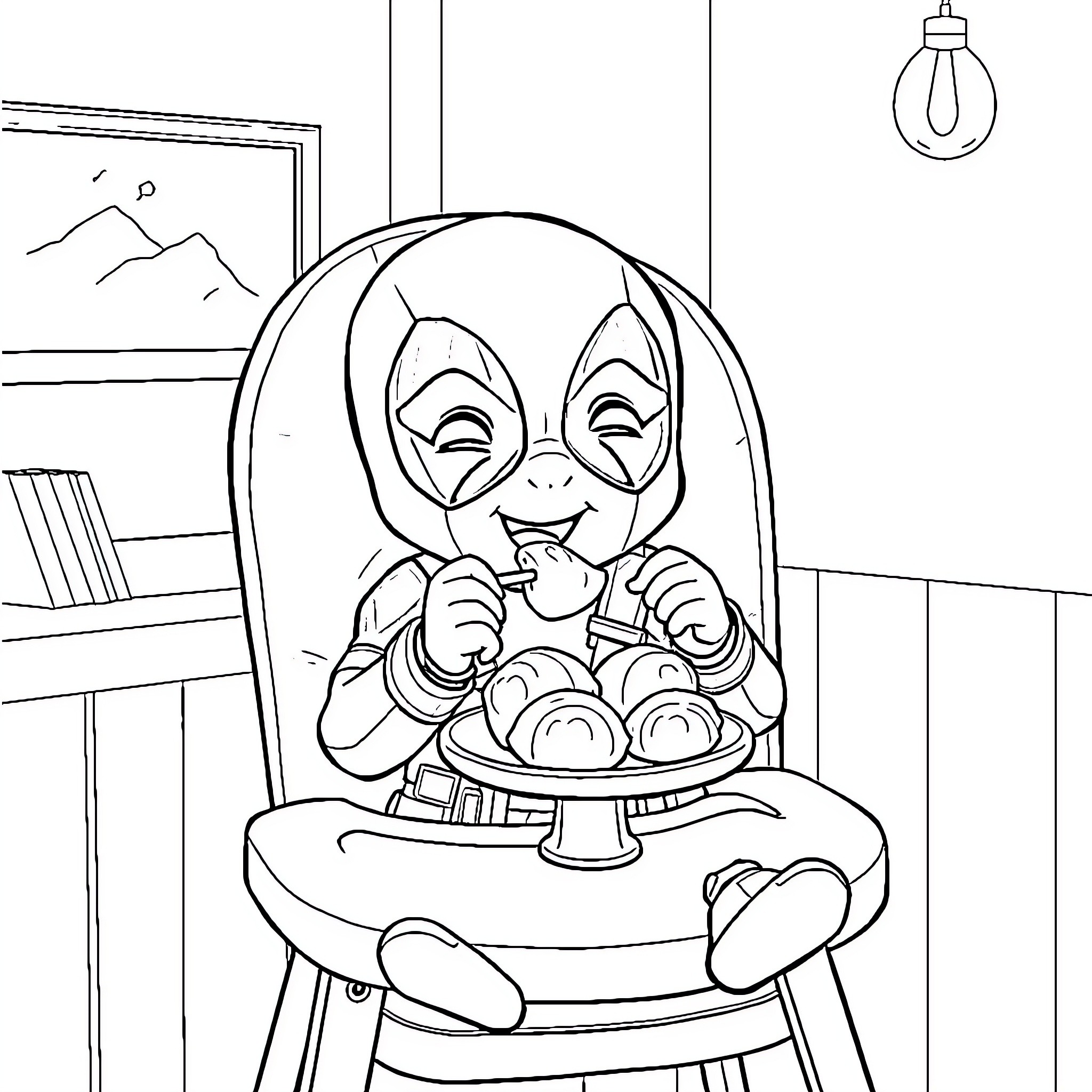 Deadpool enjoying a delightful snack in a cozy home Coloring Page (free black-and-white line drawing printable PDF for all, from beginners to advanced learners, including children, teens, adults, and seniors)