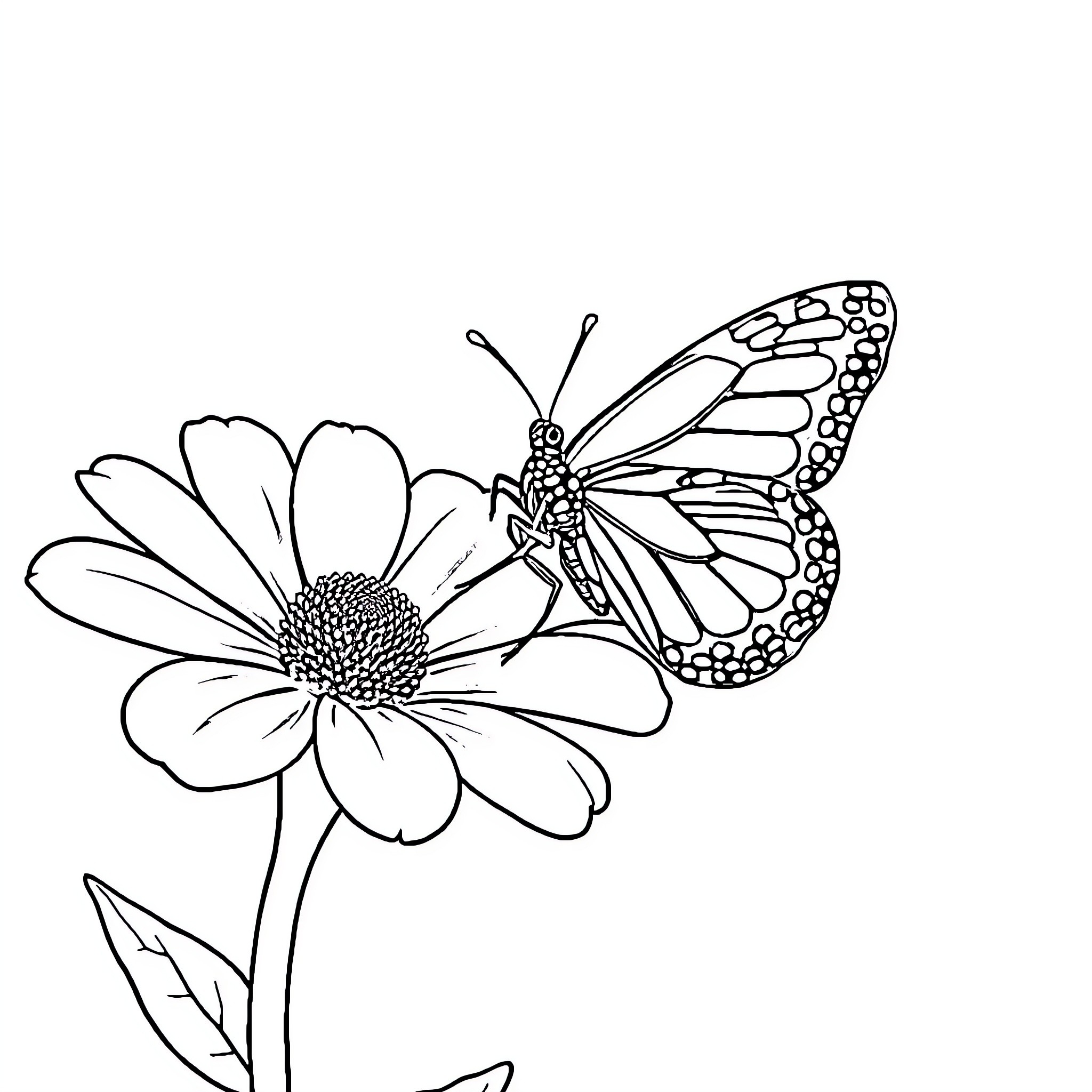 Butterfly resting on a vibrant flower Coloring Page (free black-and-white line drawing printable PDF for all, from beginners to advanced learners, including children, teens, adults, and seniors)