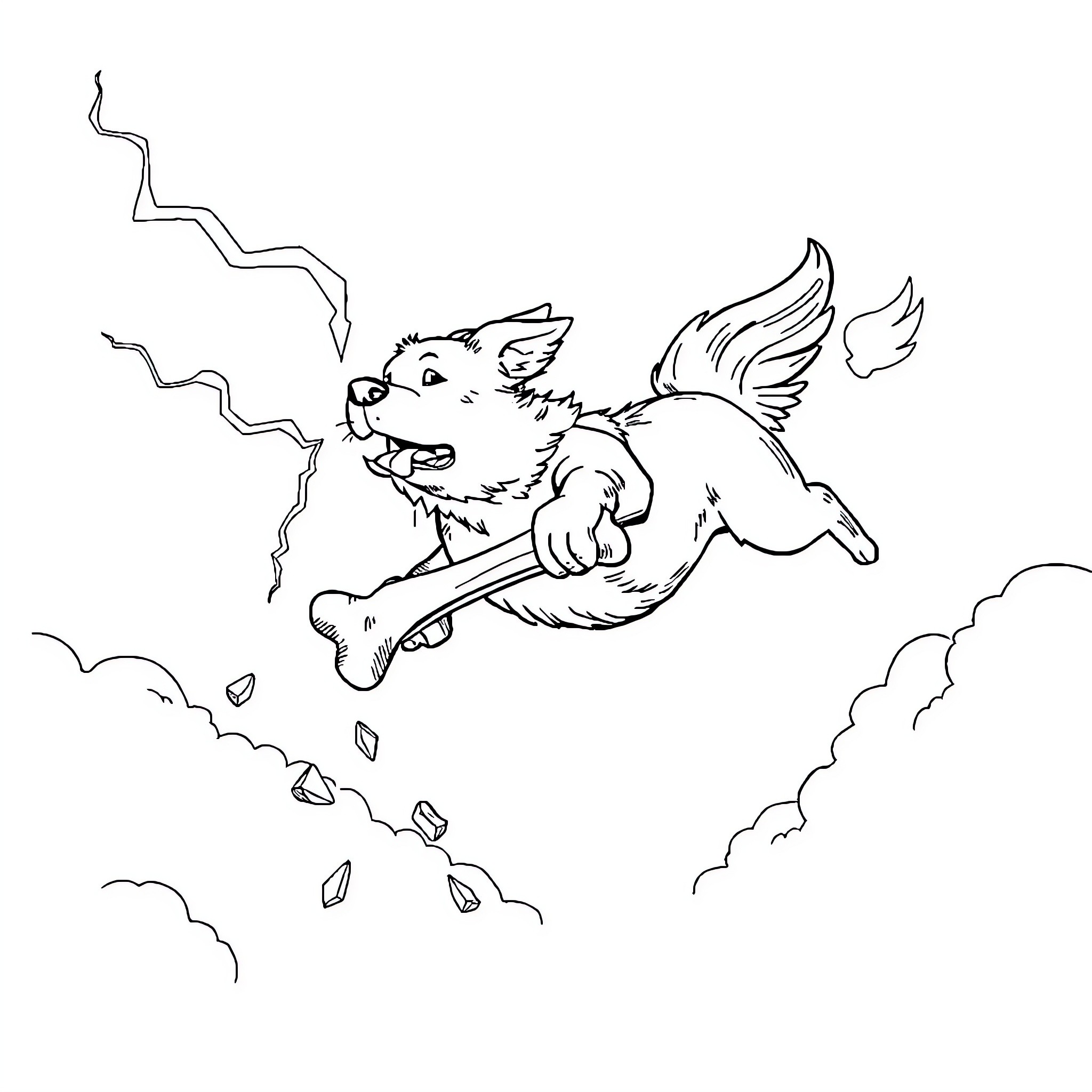 Dog flying excitedly with wings in the sky Coloring Page (free black-and-white line drawing printable PDF for all, from beginners to advanced learners, including children, teens, adults, and seniors)
