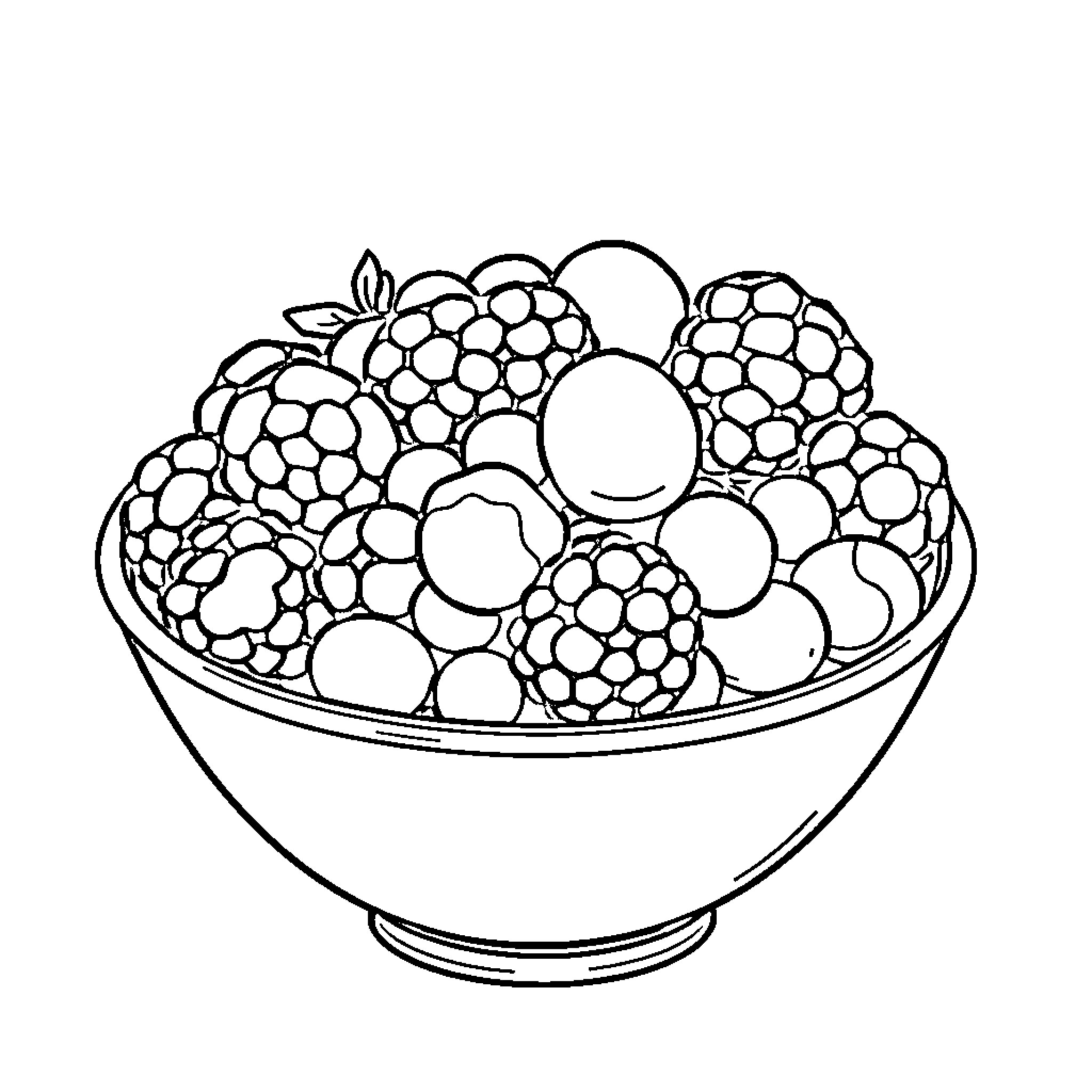 Berry Bounty in a Bowl Coloring Page (free black-and-white line drawing printable PDF for all, from beginners to advanced learners, including children, teens, adults, and seniors)