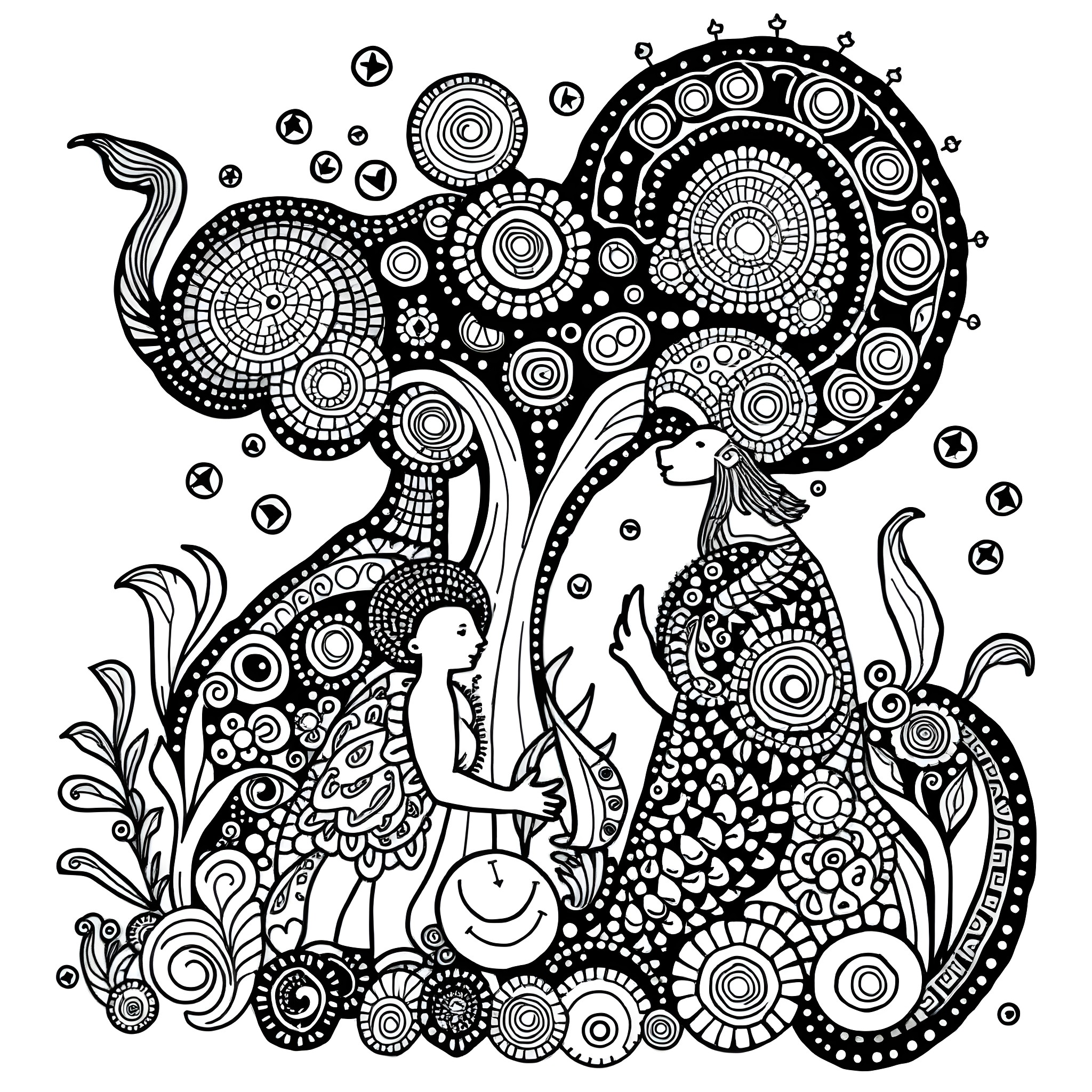 Dot Art Underwater Wonderland Coloring Page (free black-and-white line drawing printable PDF for all, from beginners to advanced learners, including children, teens, adults, and seniors)