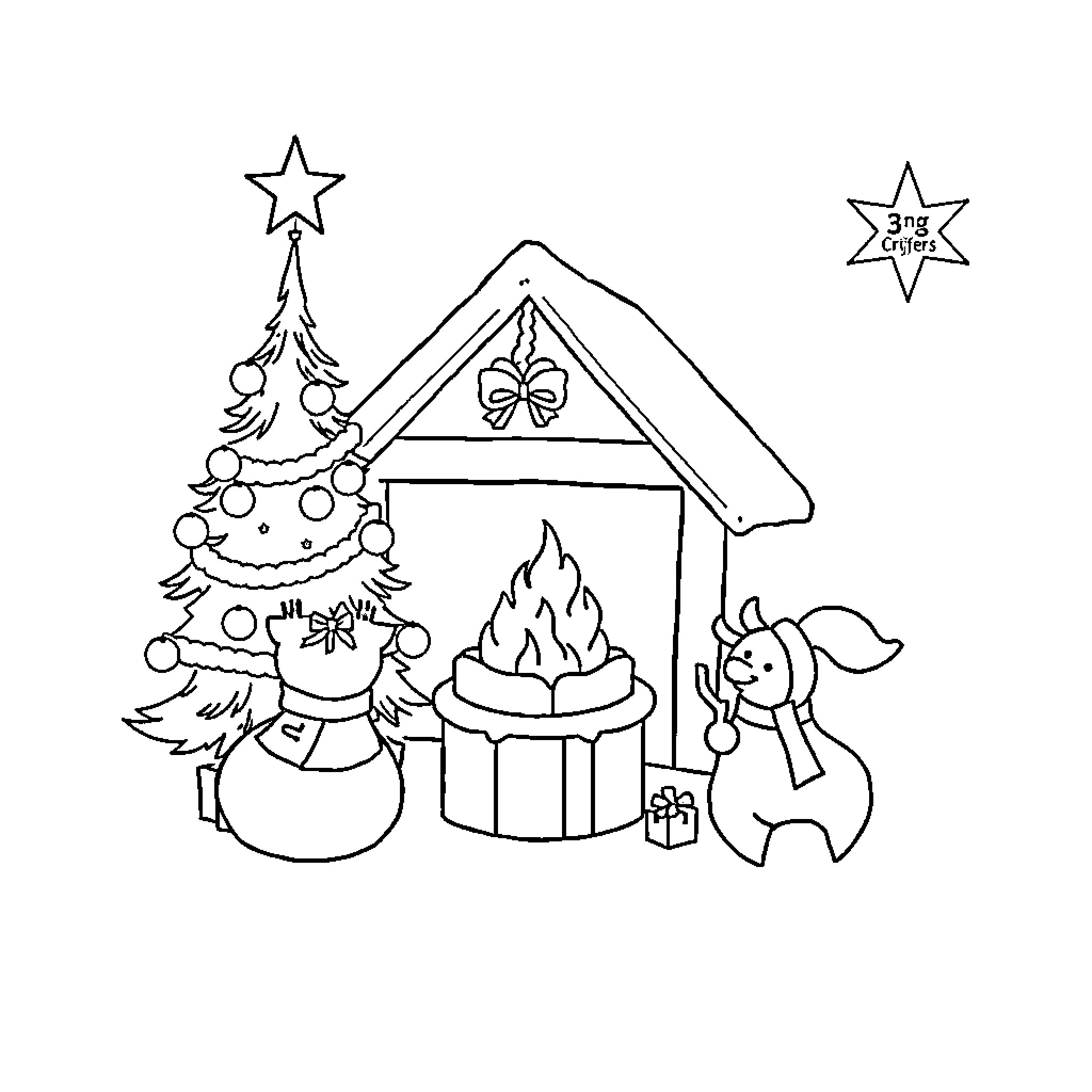 Christmas Cozy Scene with Snowman and Gifts Coloring Page (free black-and-white line drawing printable PDF for all, from beginners to advanced learners, including children, teens, adults, and seniors)