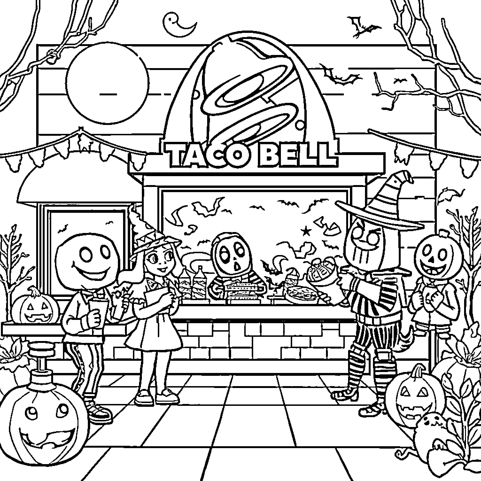 Taco Bell Halloween Party with Costumed Characters Coloring Page (free black-and-white line drawing printable PDF for all, from beginners to advanced learners, including children, teens, adults, and seniors)
