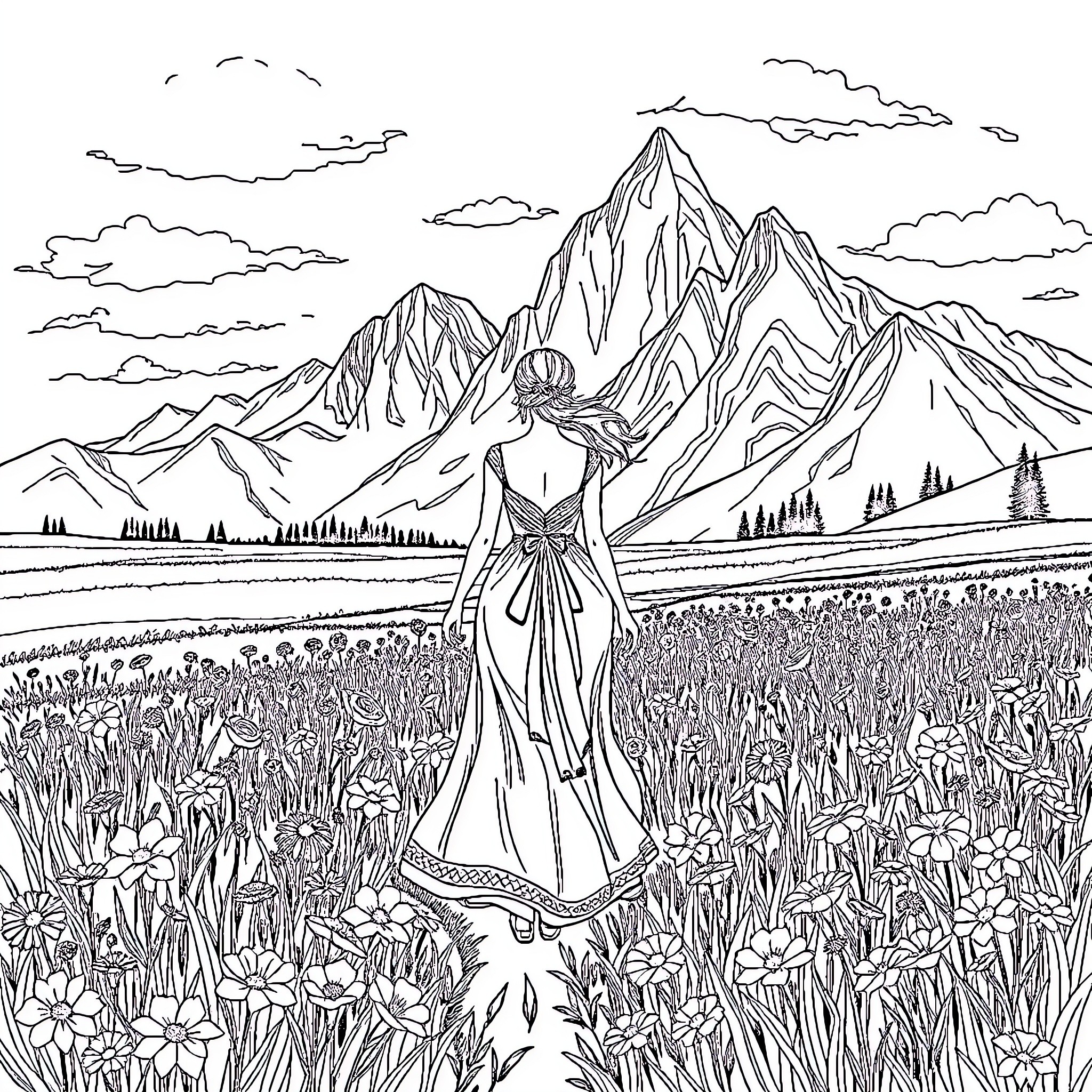 Woman standing in a meadow with mountains Coloring Page (free black-and-white line drawing printable PDF for all, from beginners to advanced learners, including children, teens, adults, and seniors)