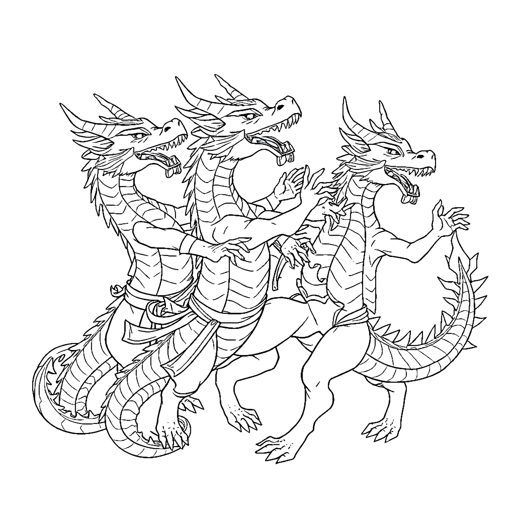 Dragons in fierce battle with menacing expressions Coloring Page (free black-and-white line drawing printable PDF for all, from beginners to advanced learners, including children, teens, adults, and seniors)
