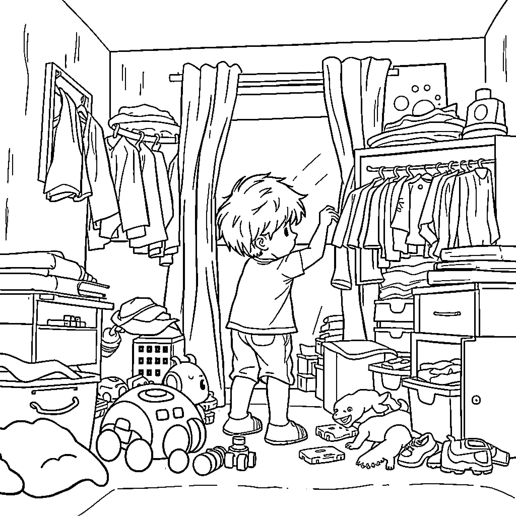 Child exploring their messy bedroom Coloring Page (free black-and-white line drawing printable PDF for all, from beginners to advanced learners, including children, teens, adults, and seniors)