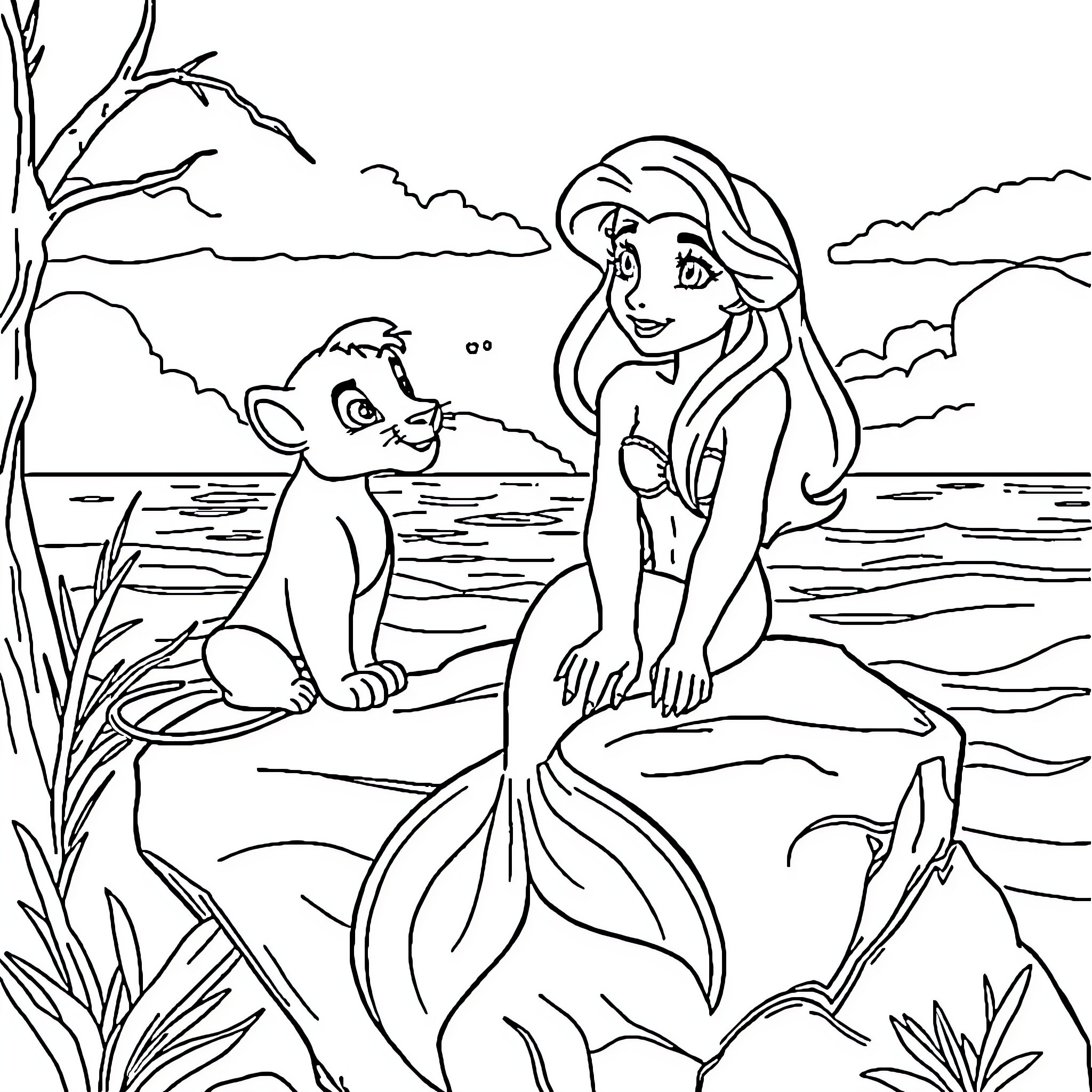Ariel and her Mermaid Friend Explore the Underwater World Coloring Page (free black-and-white line drawing printable PDF for all, from beginners to advanced learners, including children, teens, adults, and seniors)