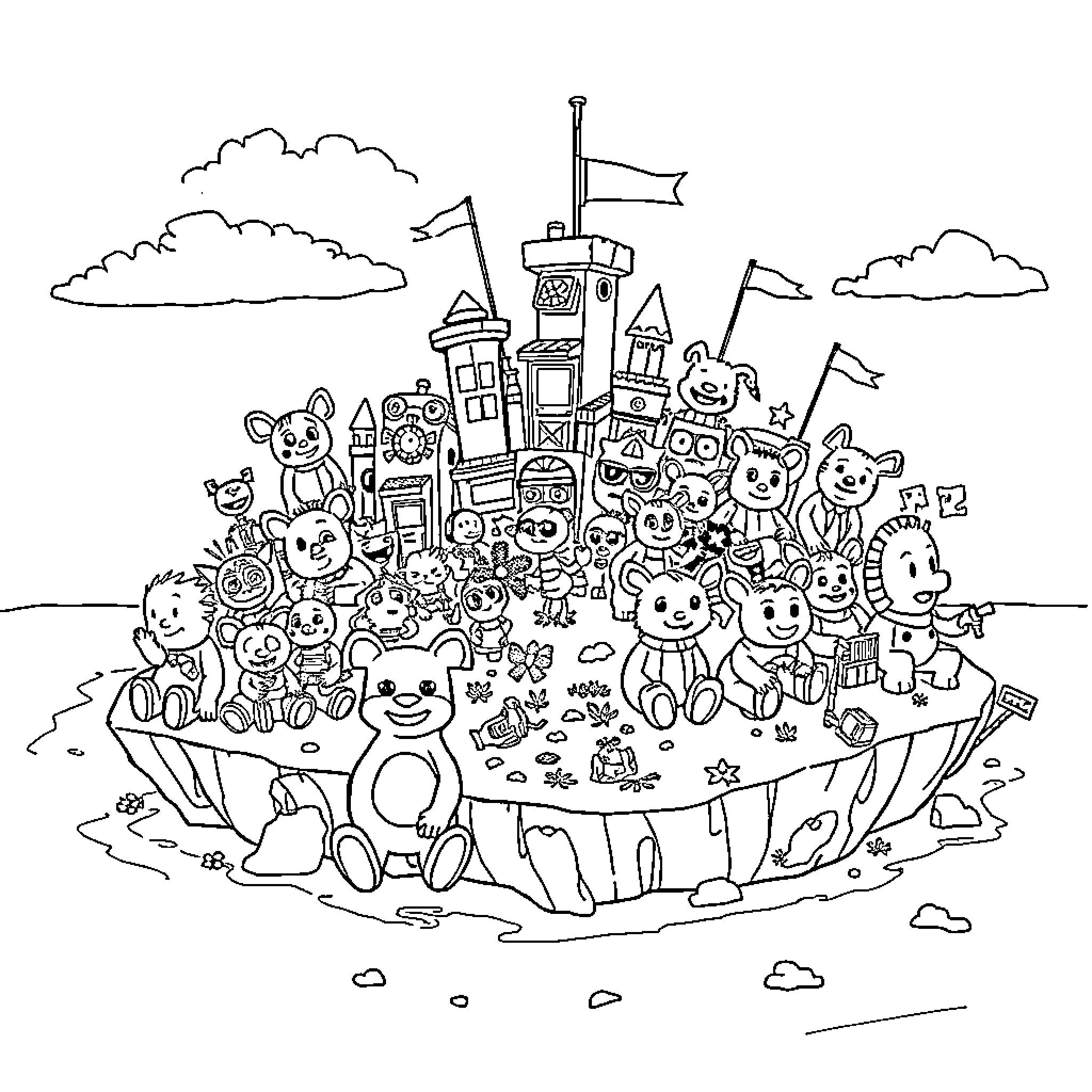 Toy fantasy world with cheerful characters Coloring Page (free black-and-white line drawing printable PDF for all, from beginners to advanced learners, including children, teens, adults, and seniors)