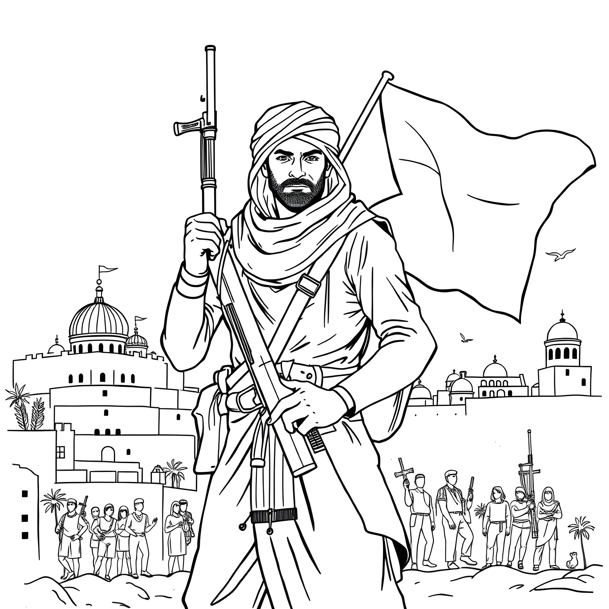 Freedom Fighter Stands Resolute Amid City Skyline Coloring Page (free black-and-white line drawing printable PDF for all, from beginners to advanced learners, including children, teens, adults, and seniors)