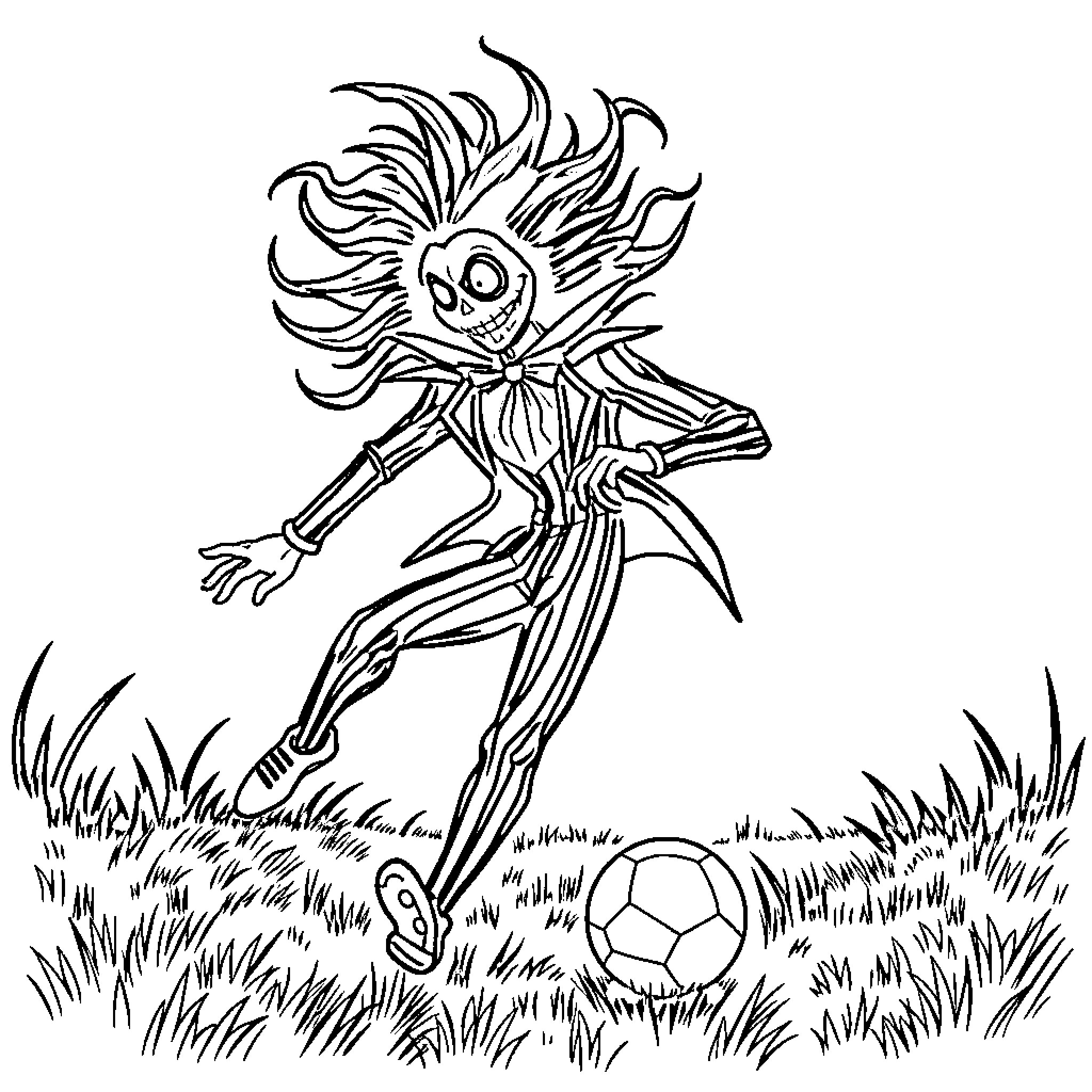Beetlejuice playing soccer in a grassy field Coloring Page (free black-and-white line drawing printable PDF for all, from beginners to advanced learners, including children, teens, adults, and seniors)