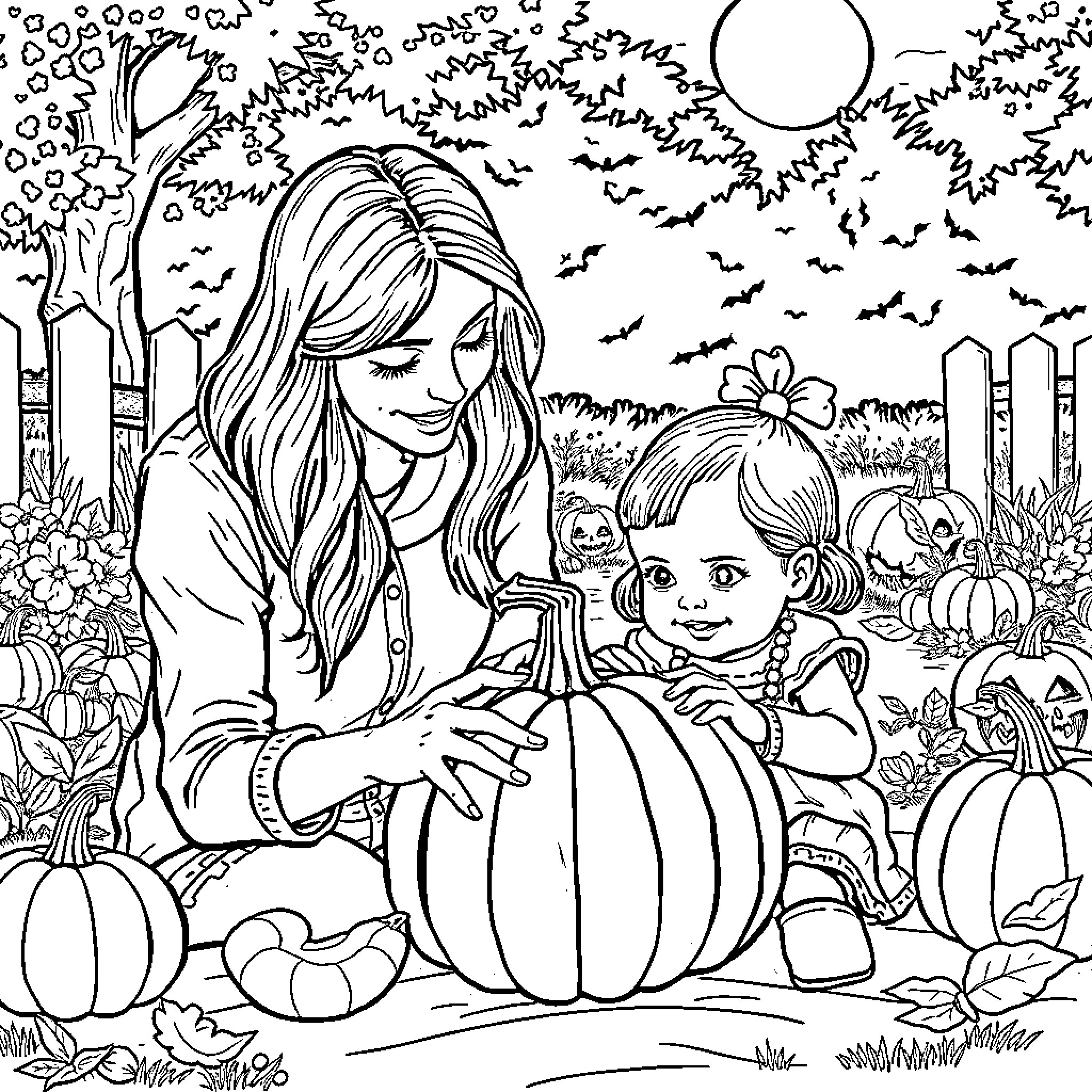 Pumpkin carving with mother and child Coloring Page (free black-and-white line drawing printable PDF for all, from beginners to advanced learners, including children, teens, adults, and seniors)