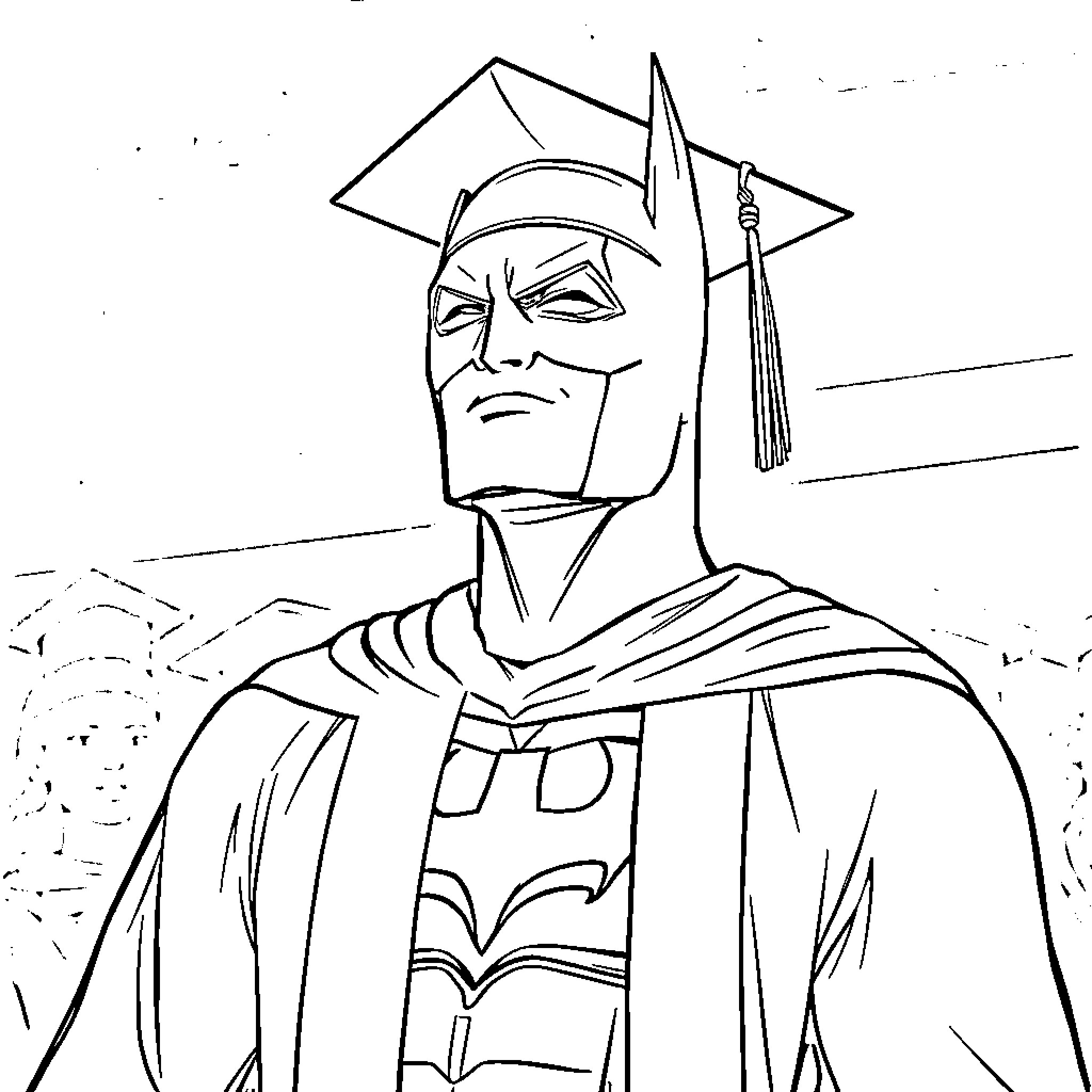Batman's Graduation Ceremony Solemnity Coloring Page (free black-and-white line drawing printable PDF for all, from beginners to advanced learners, including children, teens, adults, and seniors)