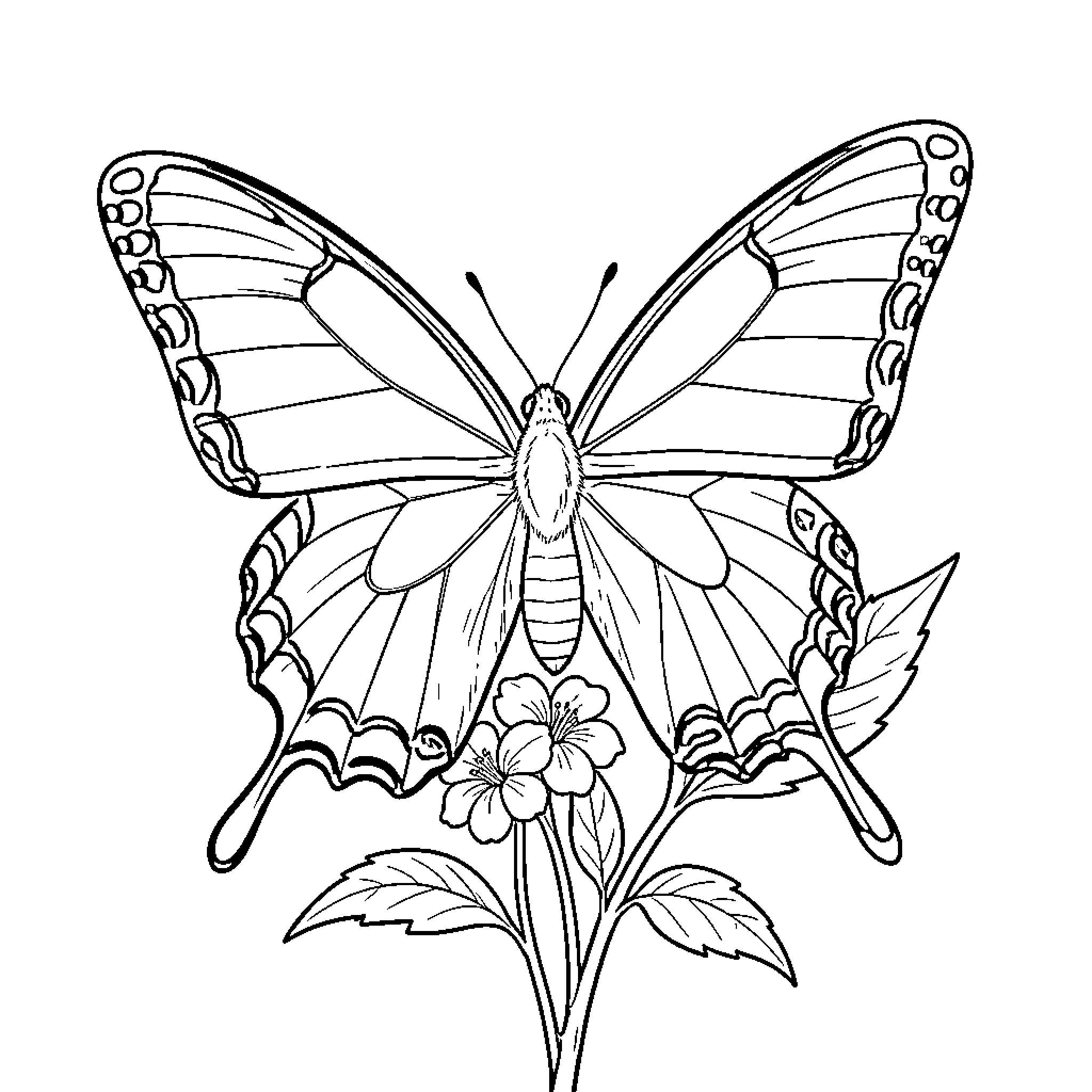 Butterfly resting gracefully on a blooming flower Coloring Page (free black-and-white line drawing printable PDF for all, from beginners to advanced learners, including children, teens, adults, and seniors)