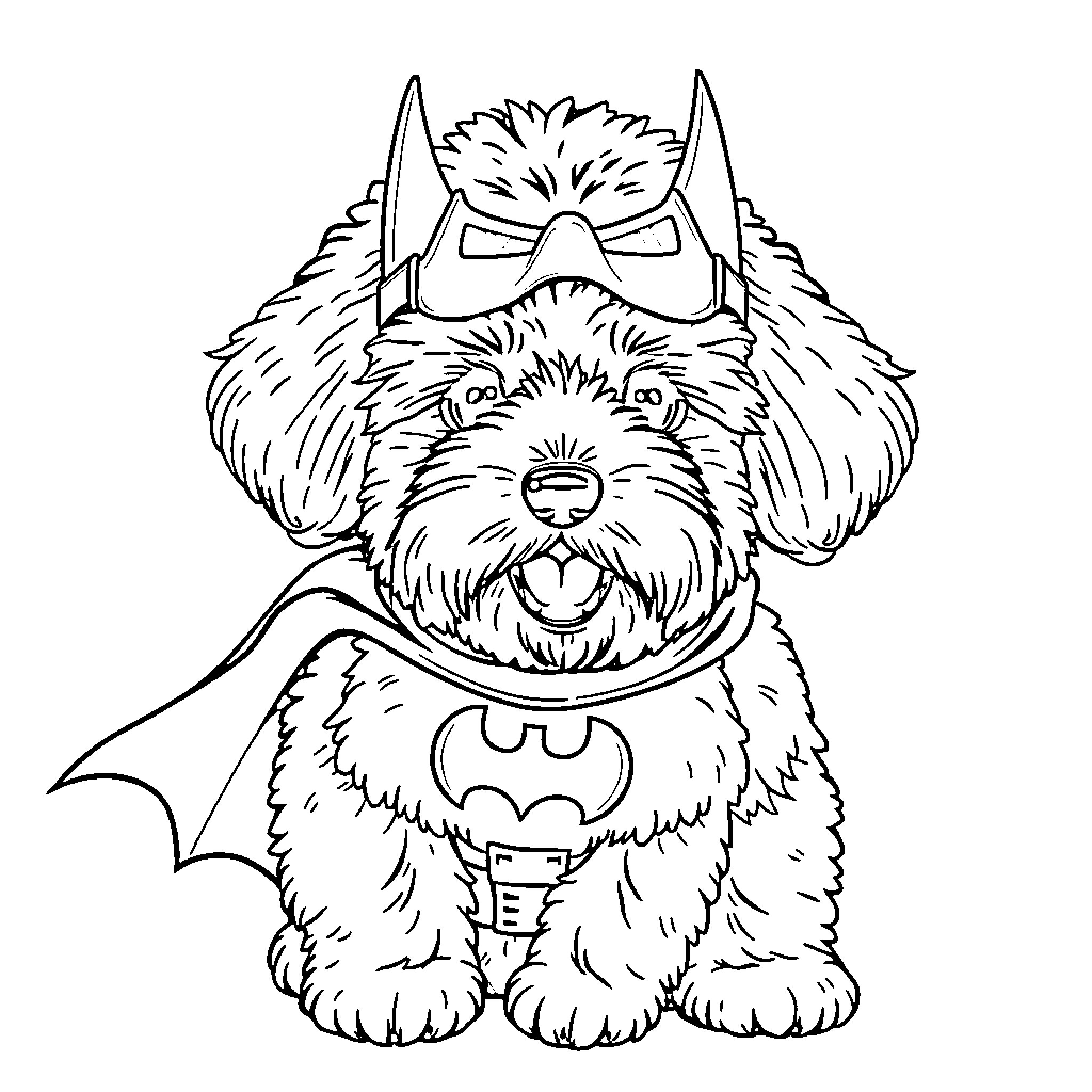 Goldendoodle superhero in costume Coloring Page (free black-and-white line drawing printable PDF for all, from beginners to advanced learners, including children, teens, adults, and seniors)