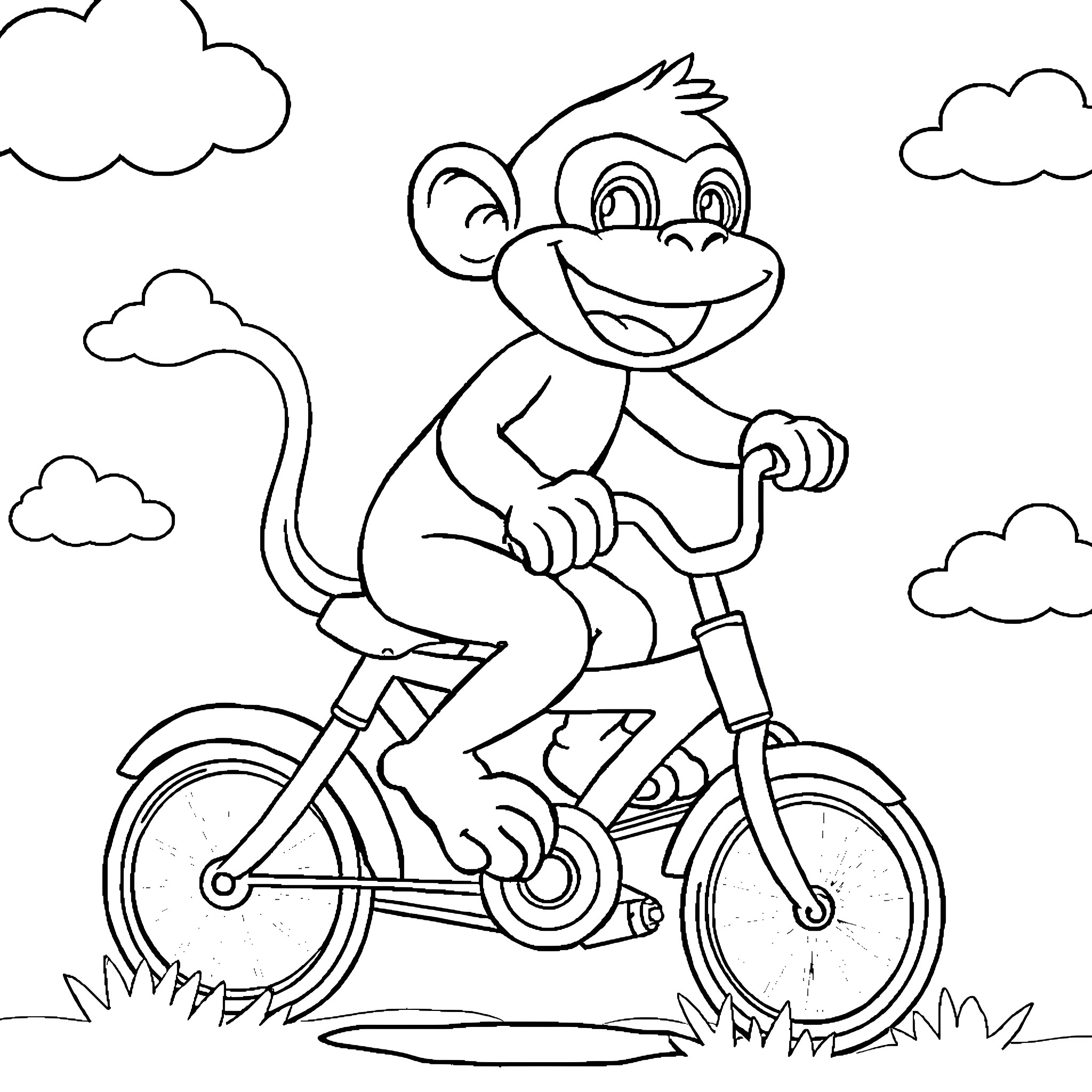 Monkey riding a bicycle happily Coloring Page (free black-and-white line drawing printable PDF for all, from beginners to advanced learners, including children, teens, adults, and seniors)
