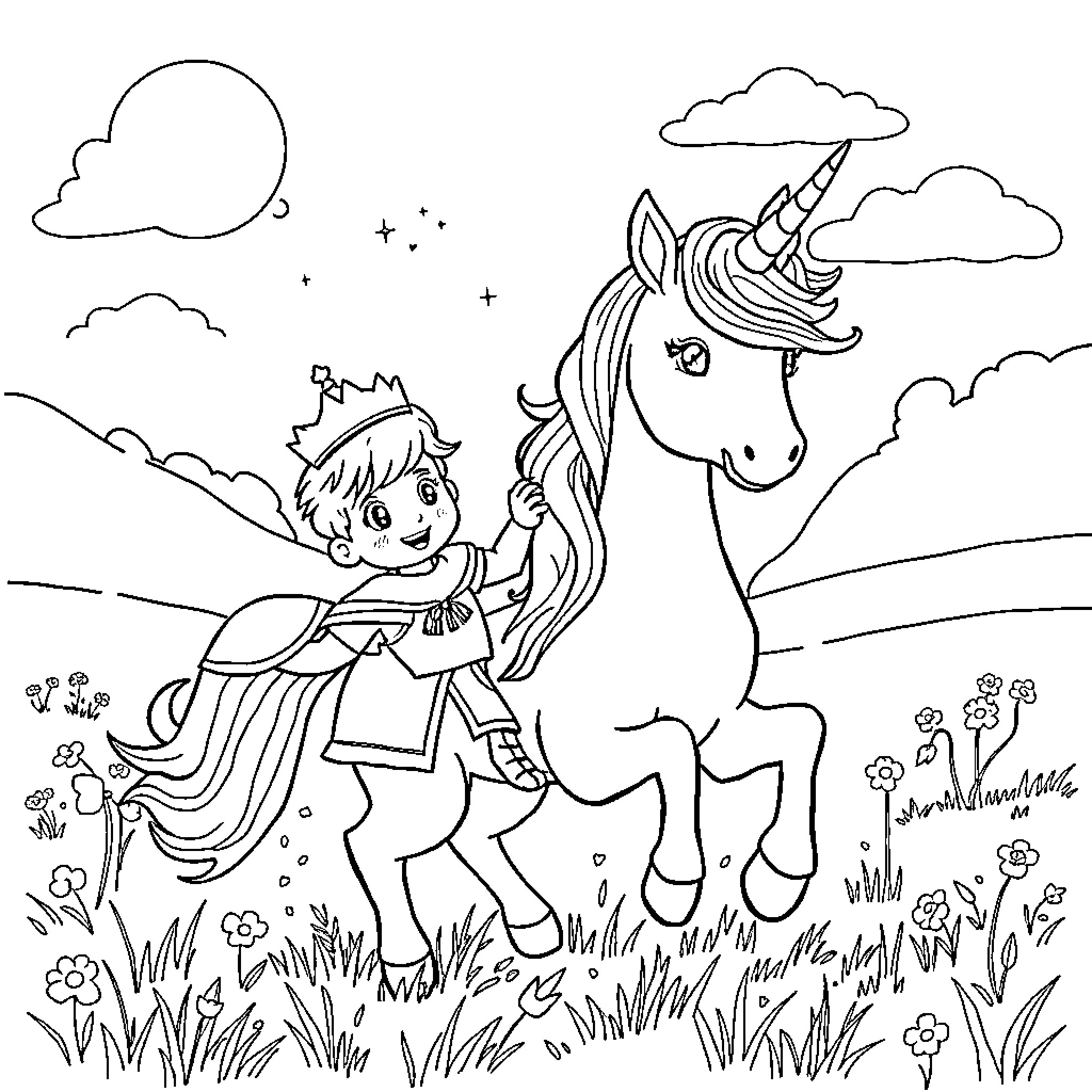 Unicorn and child exploring the magical meadow Coloring Page (free black-and-white line drawing printable PDF for all, from beginners to advanced learners, including children, teens, adults, and seniors)