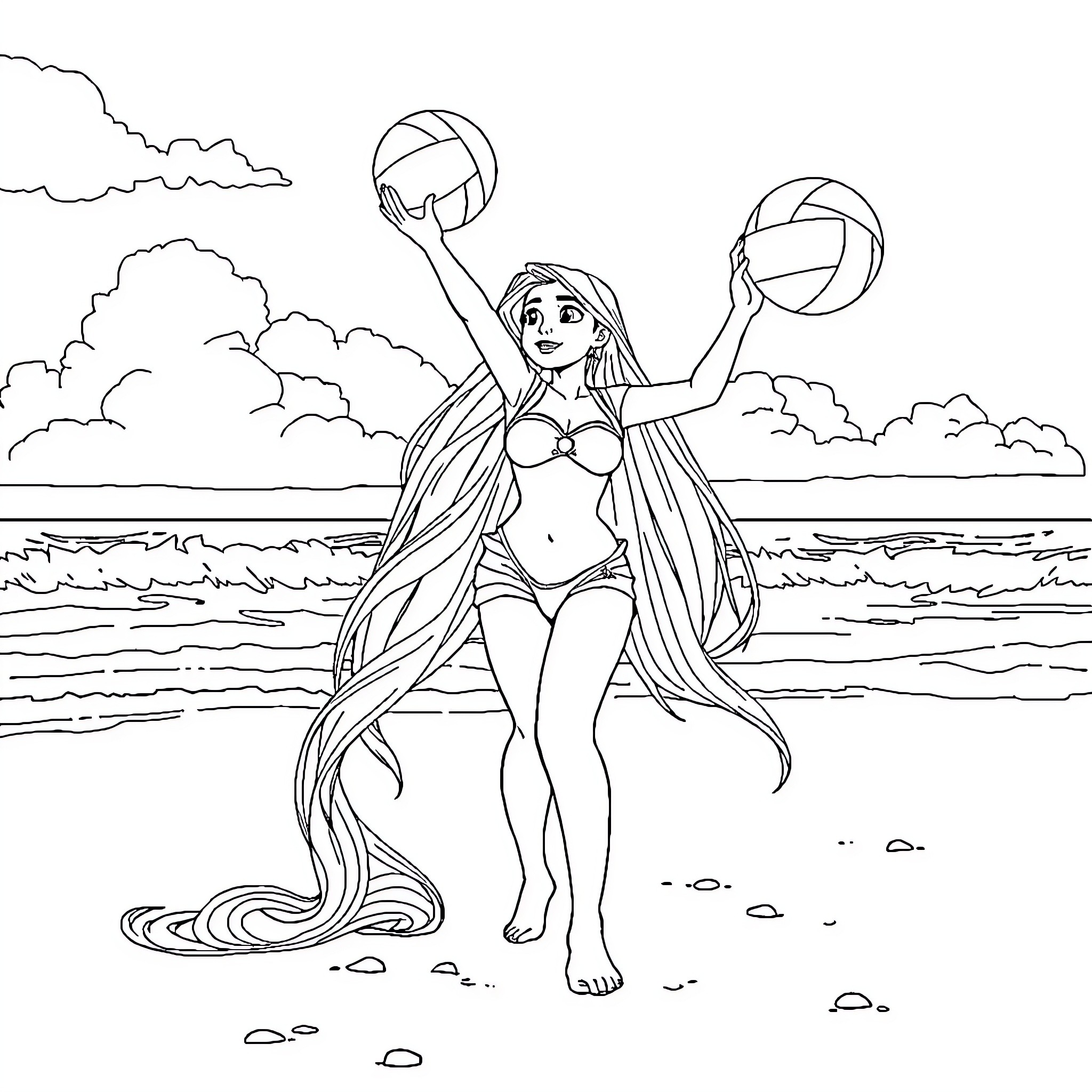 Rapunzel playing with volleyballs on the beach Coloring Page (free black-and-white line drawing printable PDF for all, from beginners to advanced learners, including children, teens, adults, and seniors)