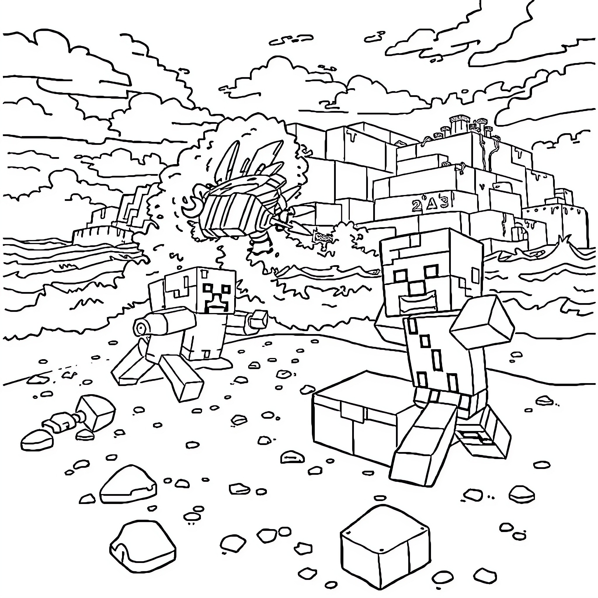 Minecraft dinosaur emerging from rubble in the city Coloring Page (free black-and-white line drawing printable PDF for all, from beginners to advanced learners, including children, teens, adults, and seniors)