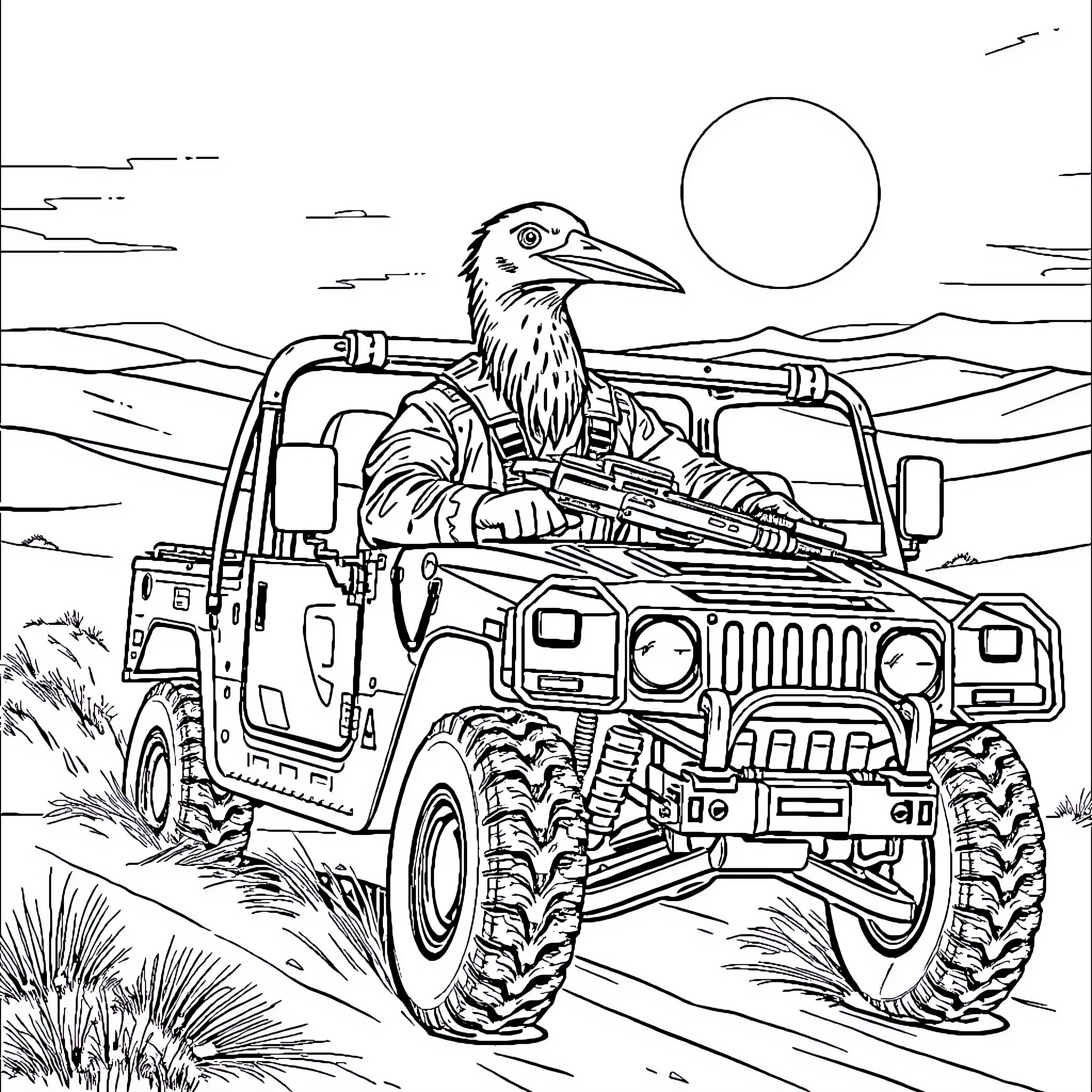 Soldier bird driving rugged military vehicle in desert landscape Coloring Page (free black-and-white line drawing printable PDF for all, from beginners to advanced learners, including children, teens, adults, and seniors)