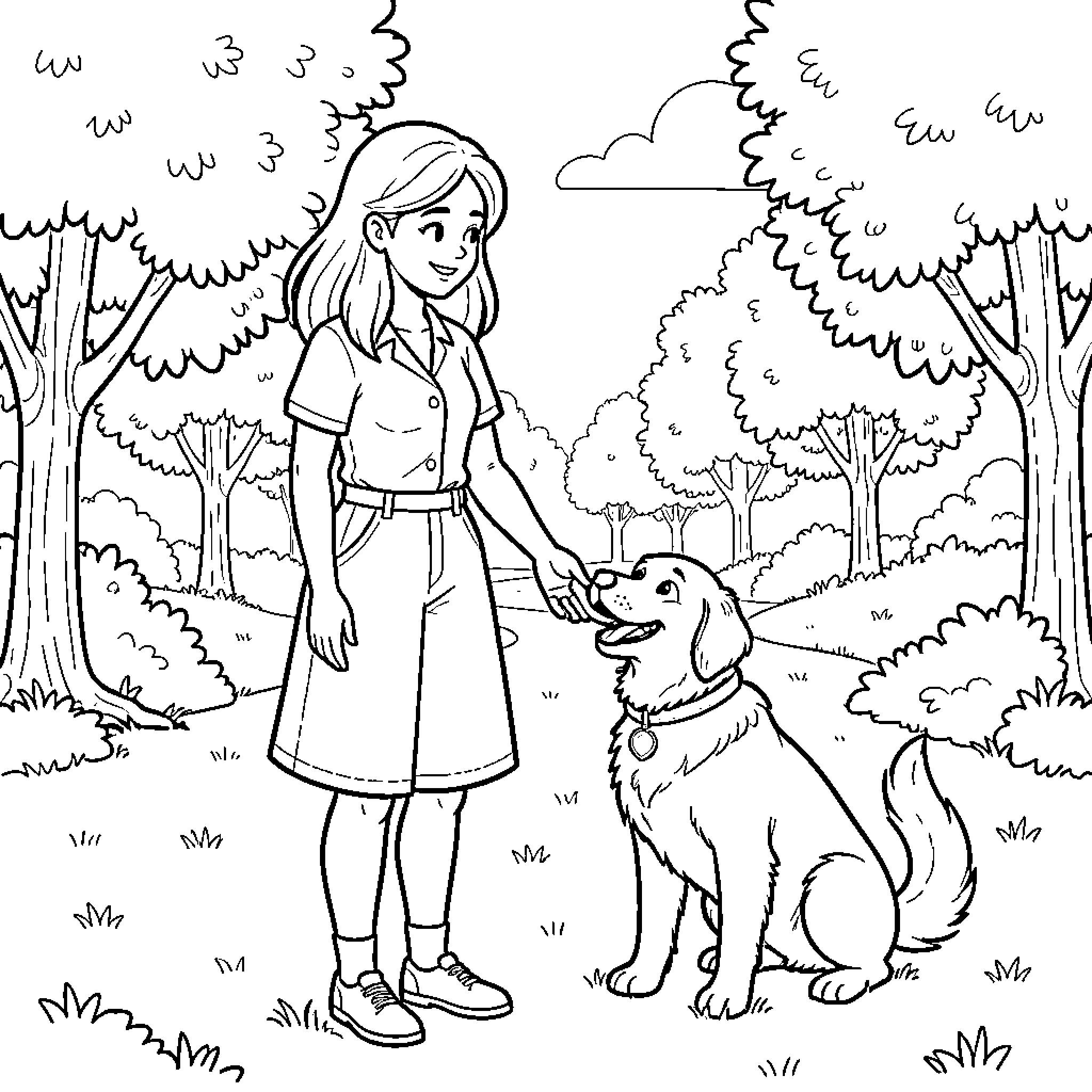 Mom takes her dog for a walk in the forest Coloring Page (free black-and-white line drawing printable PDF for all, from beginners to advanced learners, including children, teens, adults, and seniors)