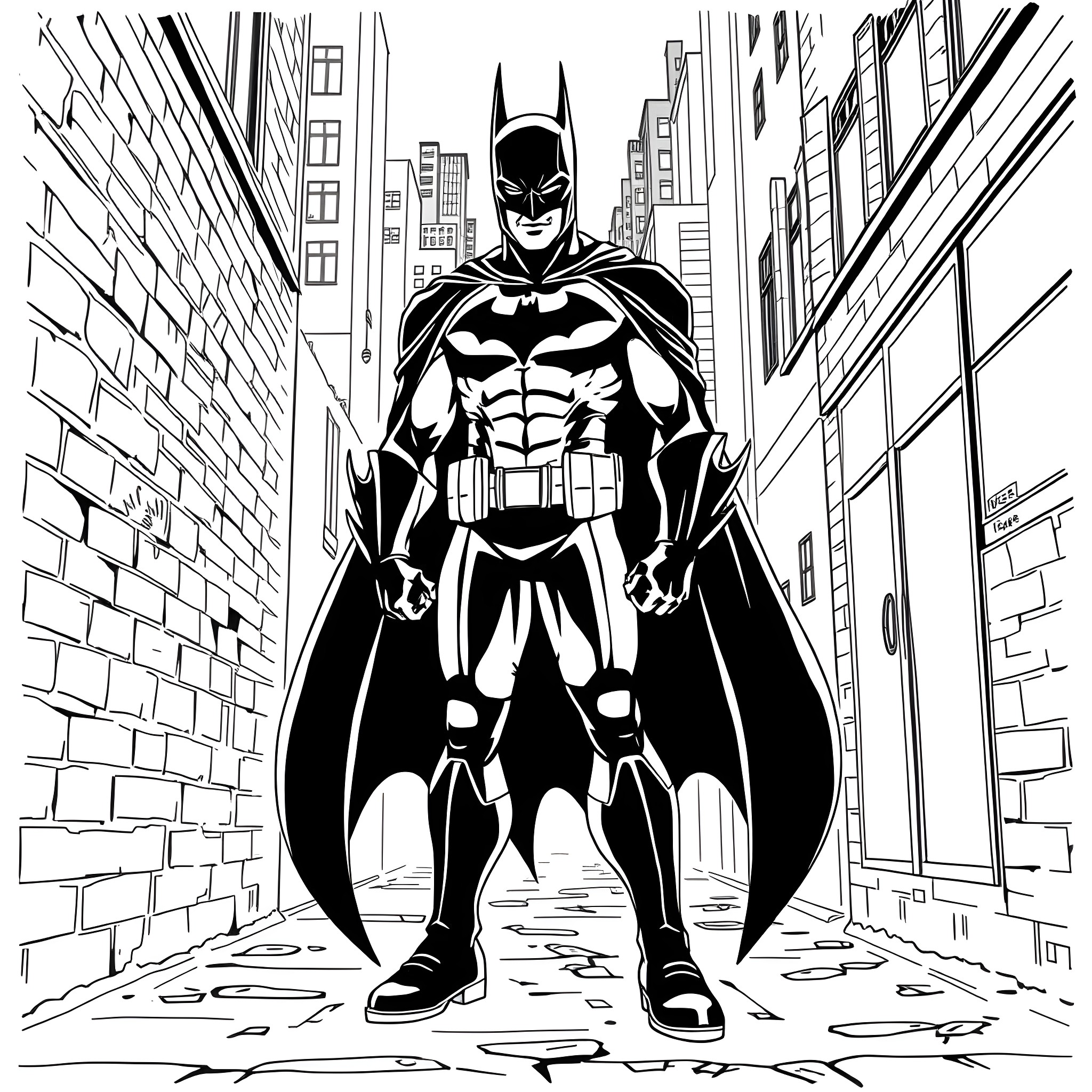 Dark Light - Heroic Vigilante in the Urban Shadows Coloring Page (free black-and-white line drawing printable PDF for all, from beginners to advanced learners, including children, teens, adults, and seniors)