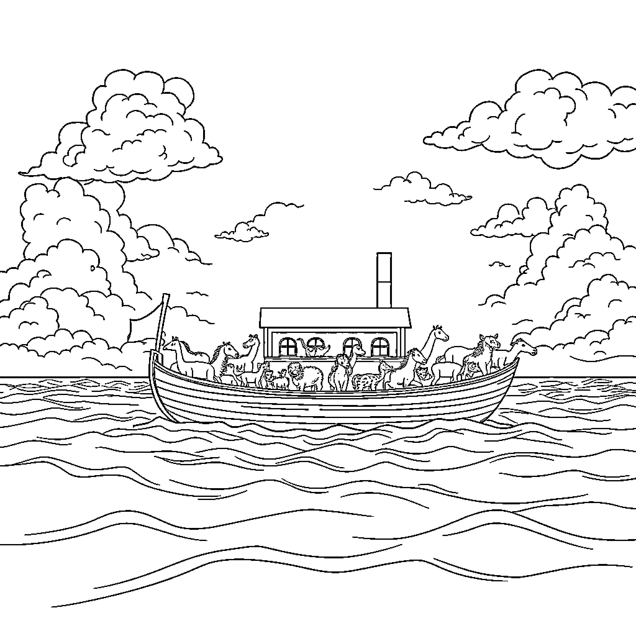 Noah's Ark filled with animals sailing on the waters Coloring Page (free black-and-white line drawing printable PDF for all, from beginners to advanced learners, including children, teens, adults, and seniors)