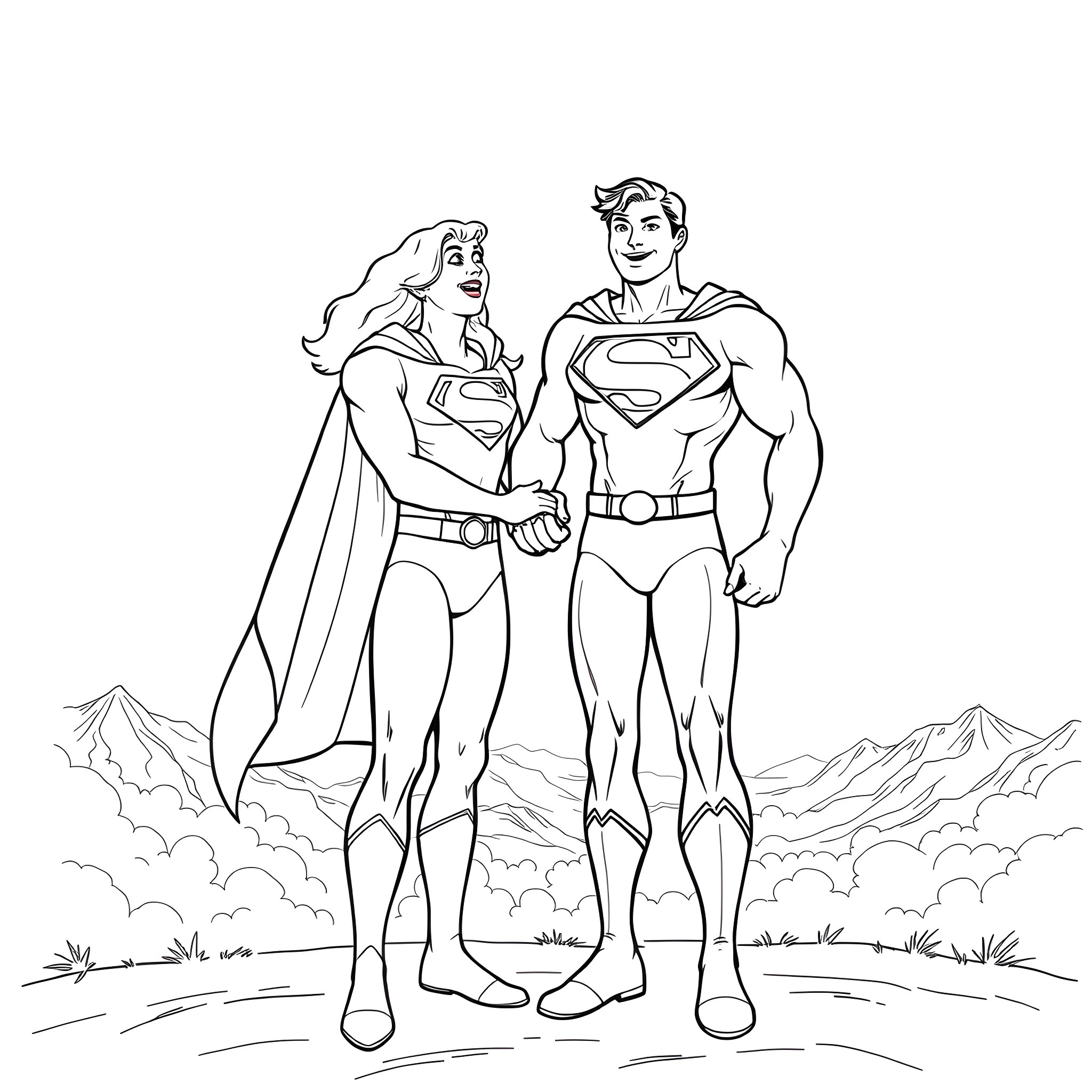 Bluey and Superman in the Clouds Coloring Page (free black-and-white line drawing printable PDF for all, from beginners to advanced learners, including children, teens, adults, and seniors)