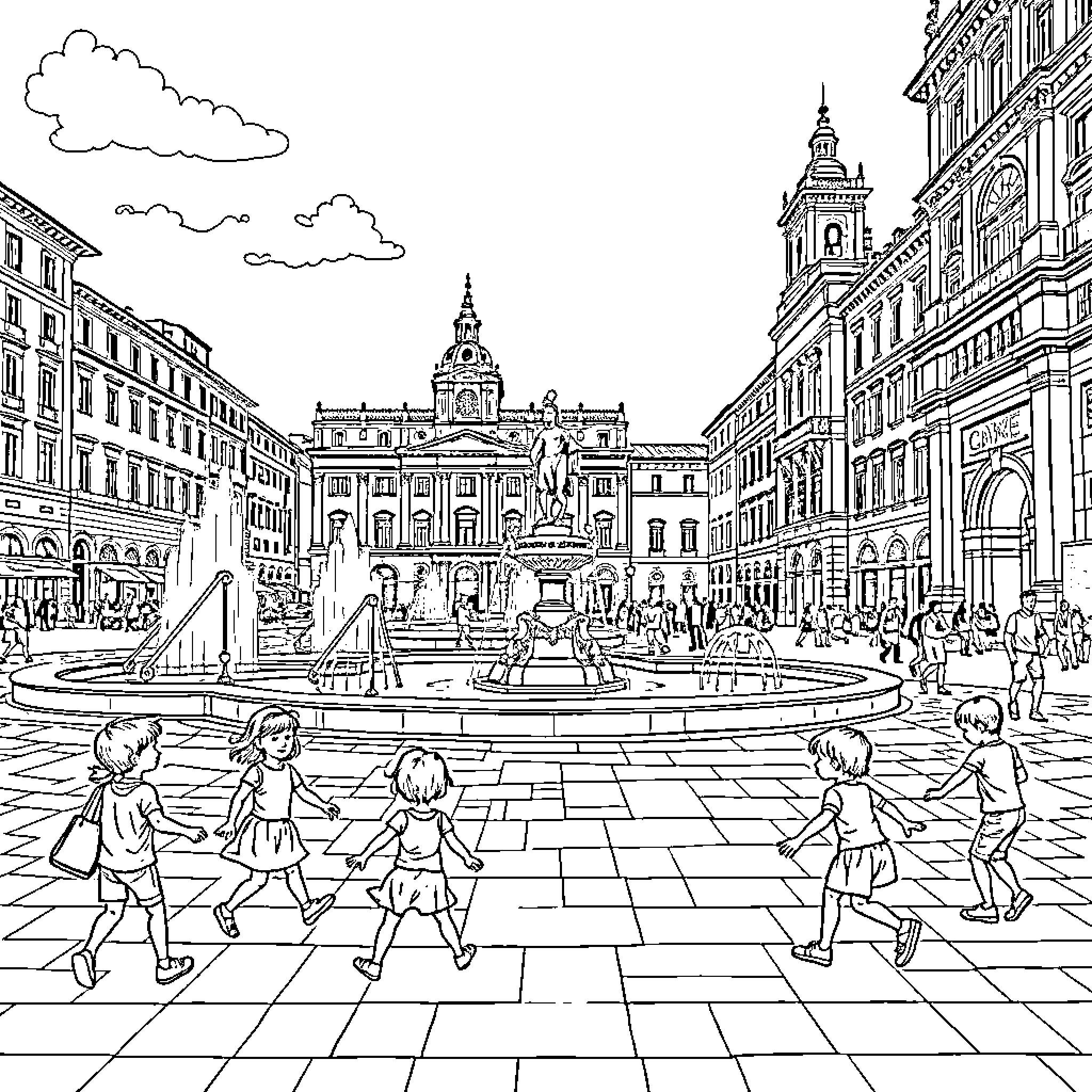 Child playing joyfully in city square Coloring Page (free black-and-white line drawing printable PDF for all, from beginners to advanced learners, including children, teens, adults, and seniors)
