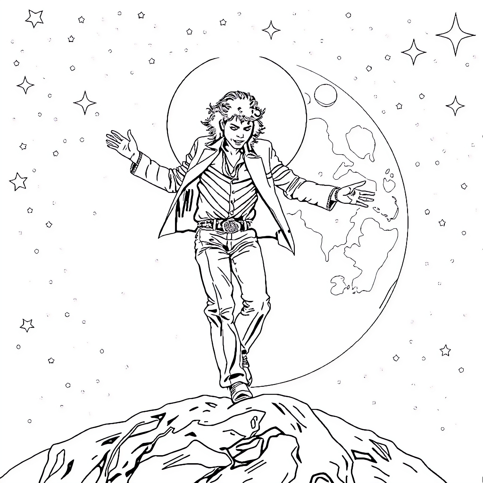 Michael Jackson Cosmic Dance Under the Stars Coloring Page (free black-and-white line drawing printable PDF for all, from beginners to advanced learners, including children, teens, adults, and seniors)