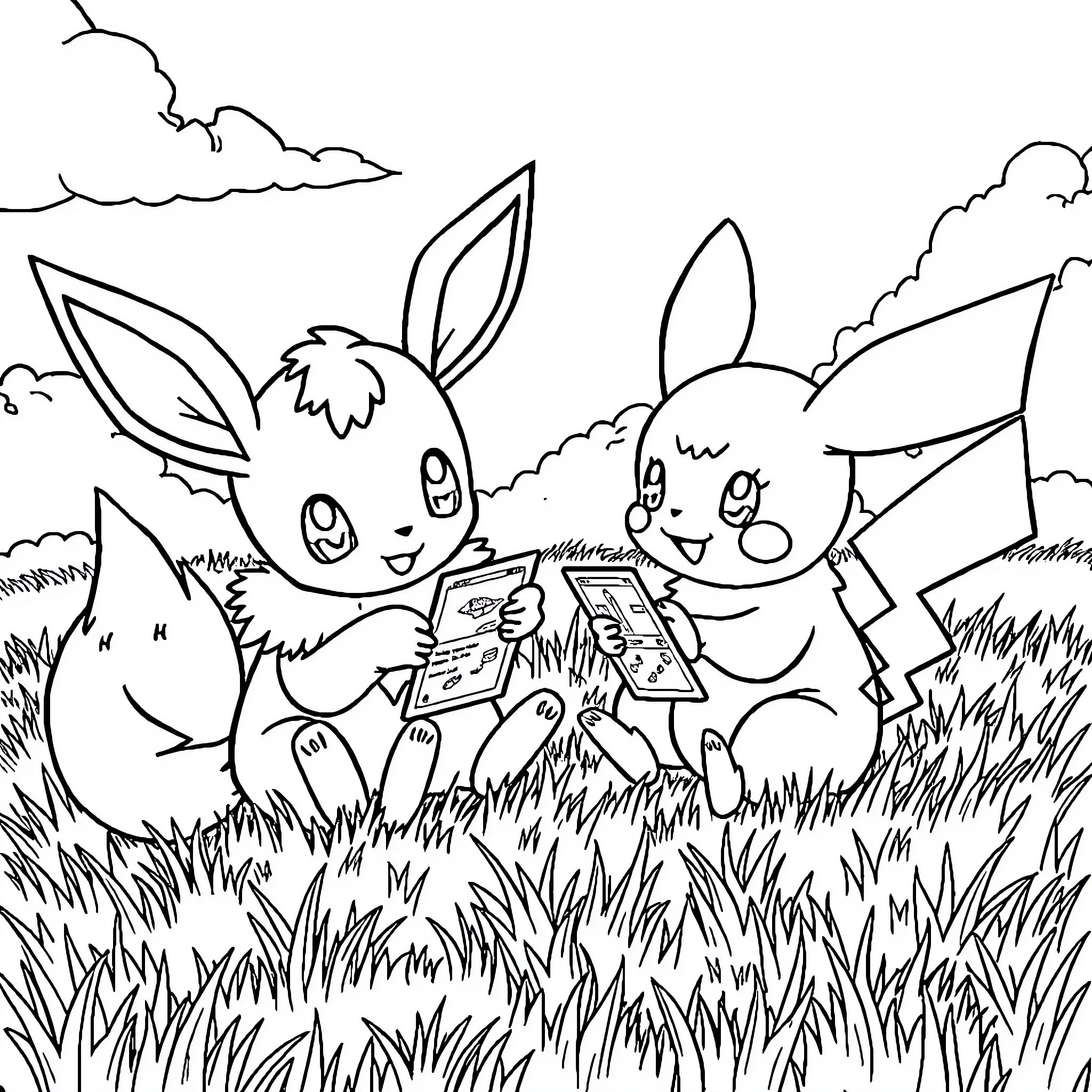 Eevee companions exploring the outdoors Coloring Page (free black-and-white line drawing printable PDF for all, from beginners to advanced learners, including children, teens, adults, and seniors)