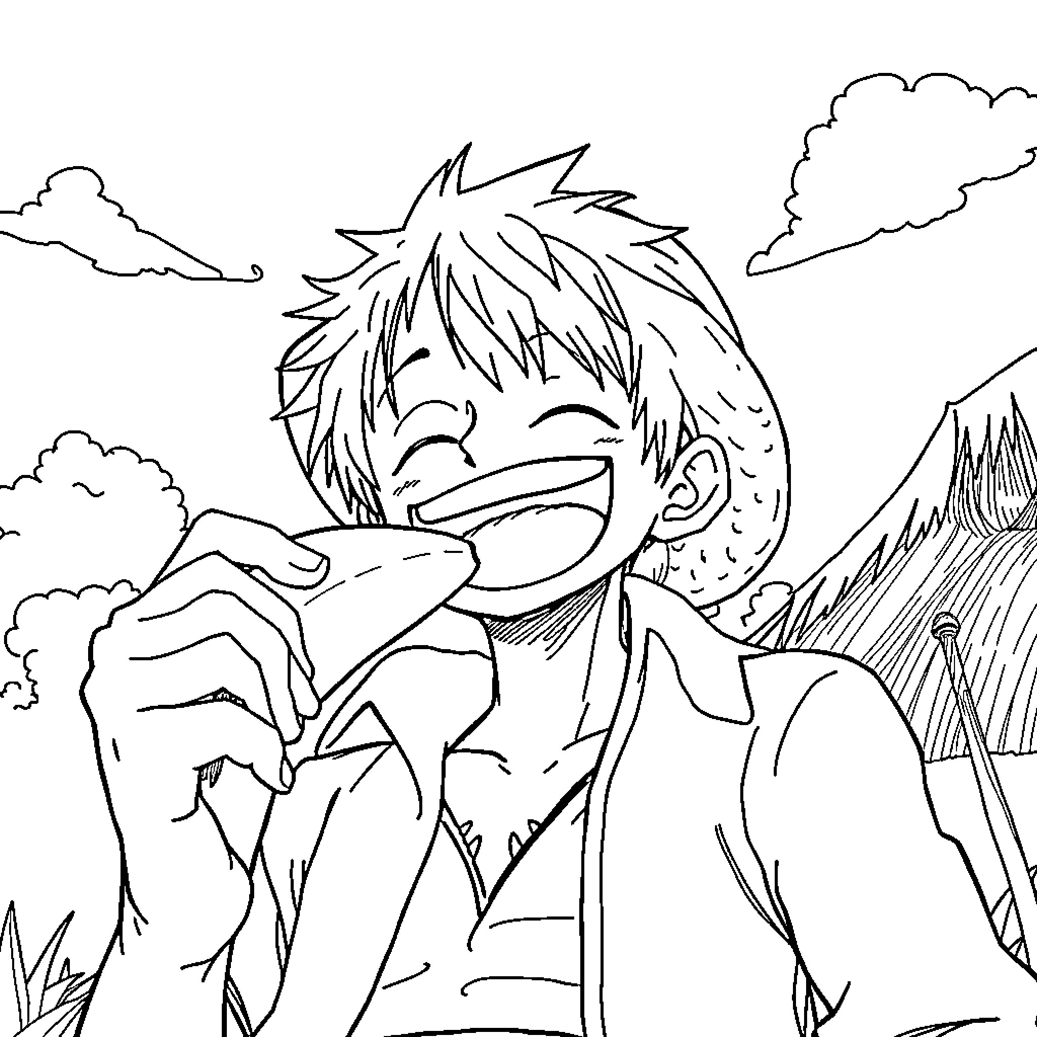 Luffy's Joyful Adventure in the Wilderness Coloring Page (free black-and-white line drawing printable PDF for all, from beginners to advanced learners, including children, teens, adults, and seniors)