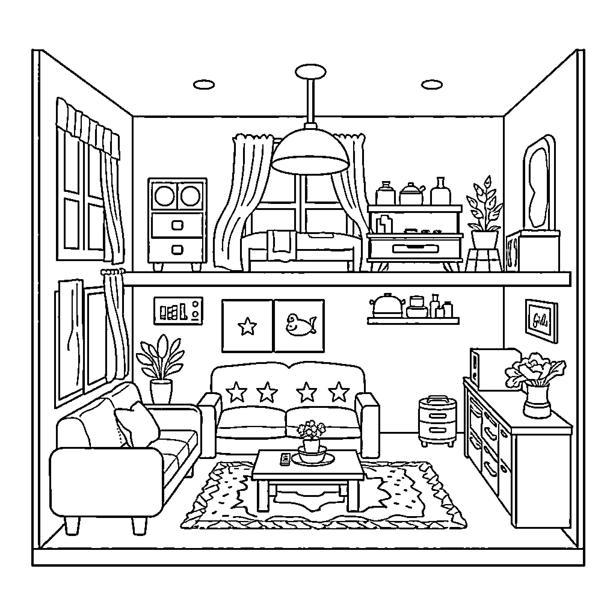 Furniture in cozy living room with decor Coloring Page (free black-and-white line drawing printable PDF for all, from beginners to advanced learners, including children, teens, adults, and seniors)