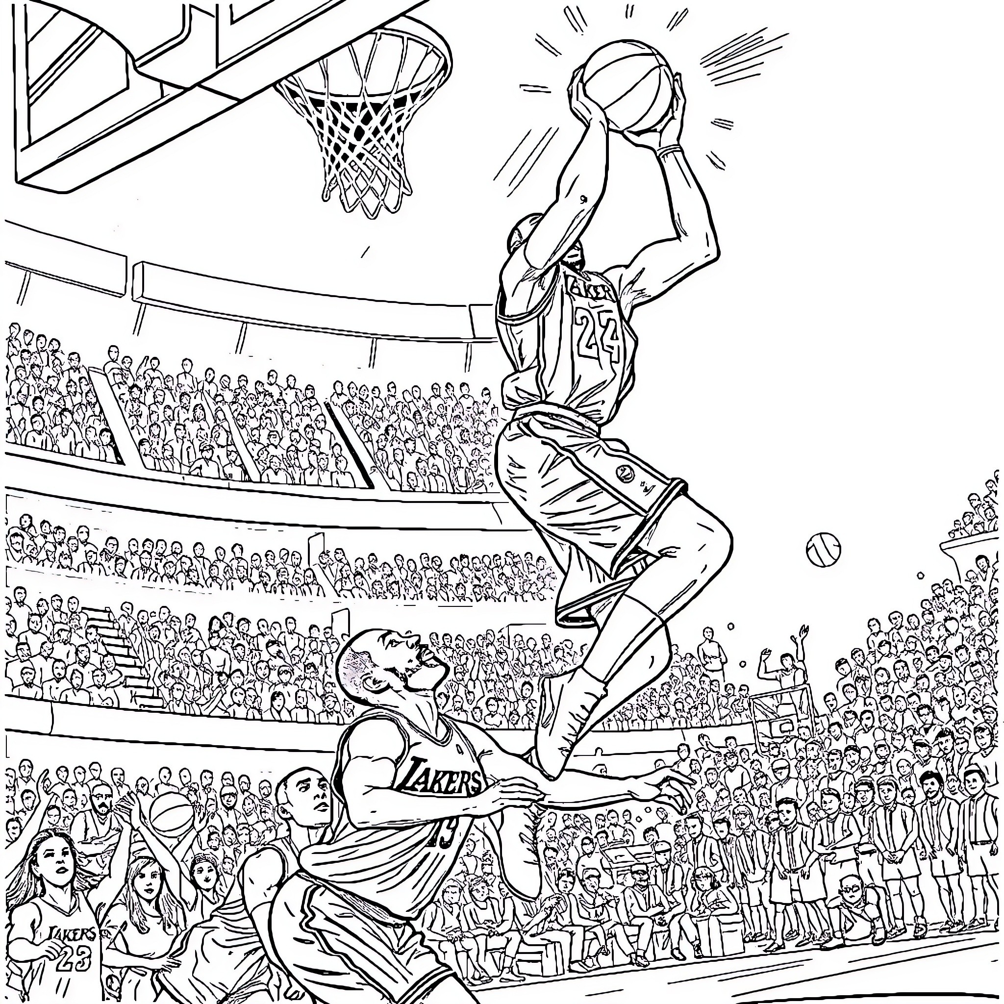Kobe soaring for a dunk in intense basketball match Coloring Page (free black-and-white line drawing printable PDF for all, from beginners to advanced learners, including children, teens, adults, and seniors)