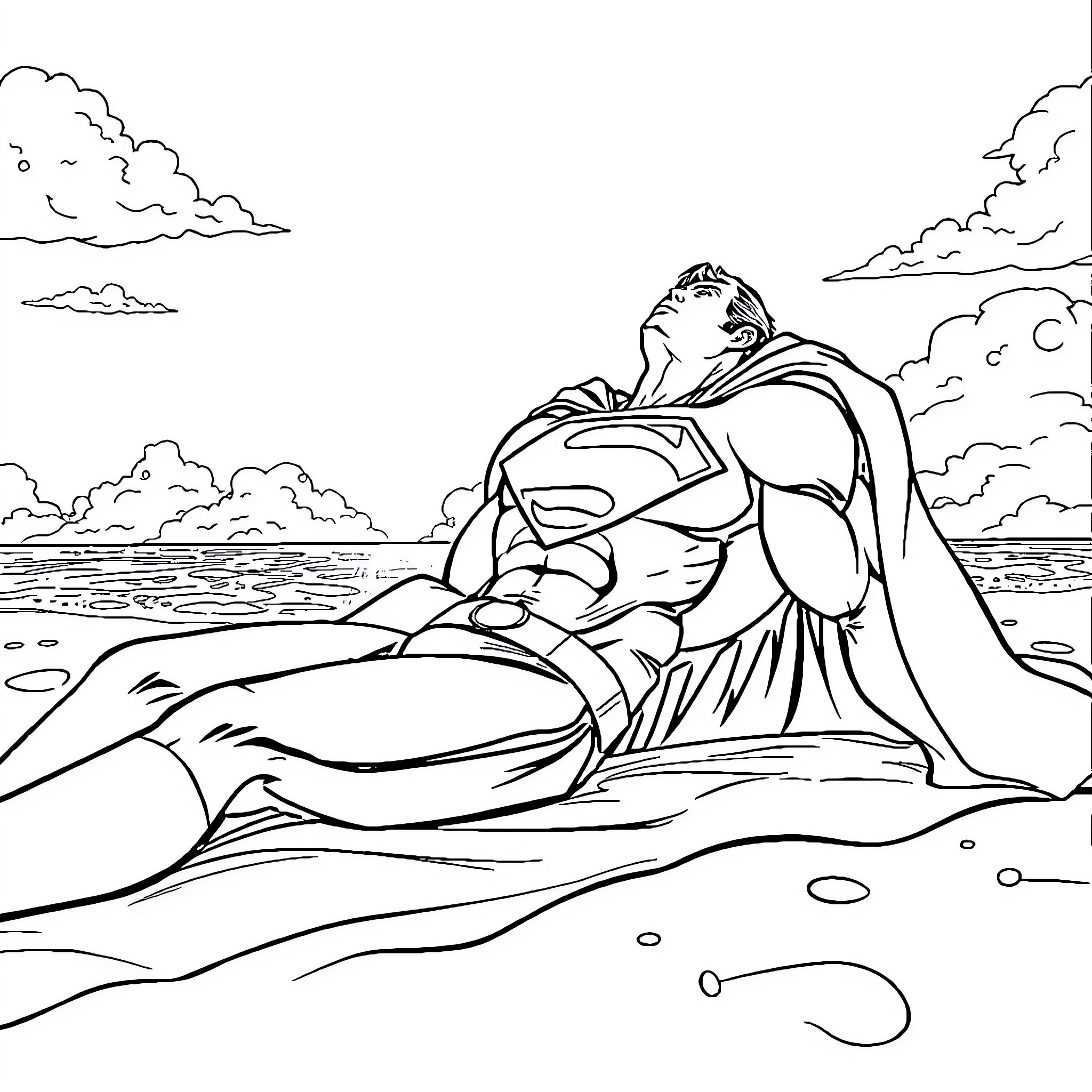 Superman resting peacefully on the beach Coloring Page (free black-and-white line drawing printable PDF for all, from beginners to advanced learners, including children, teens, adults, and seniors)