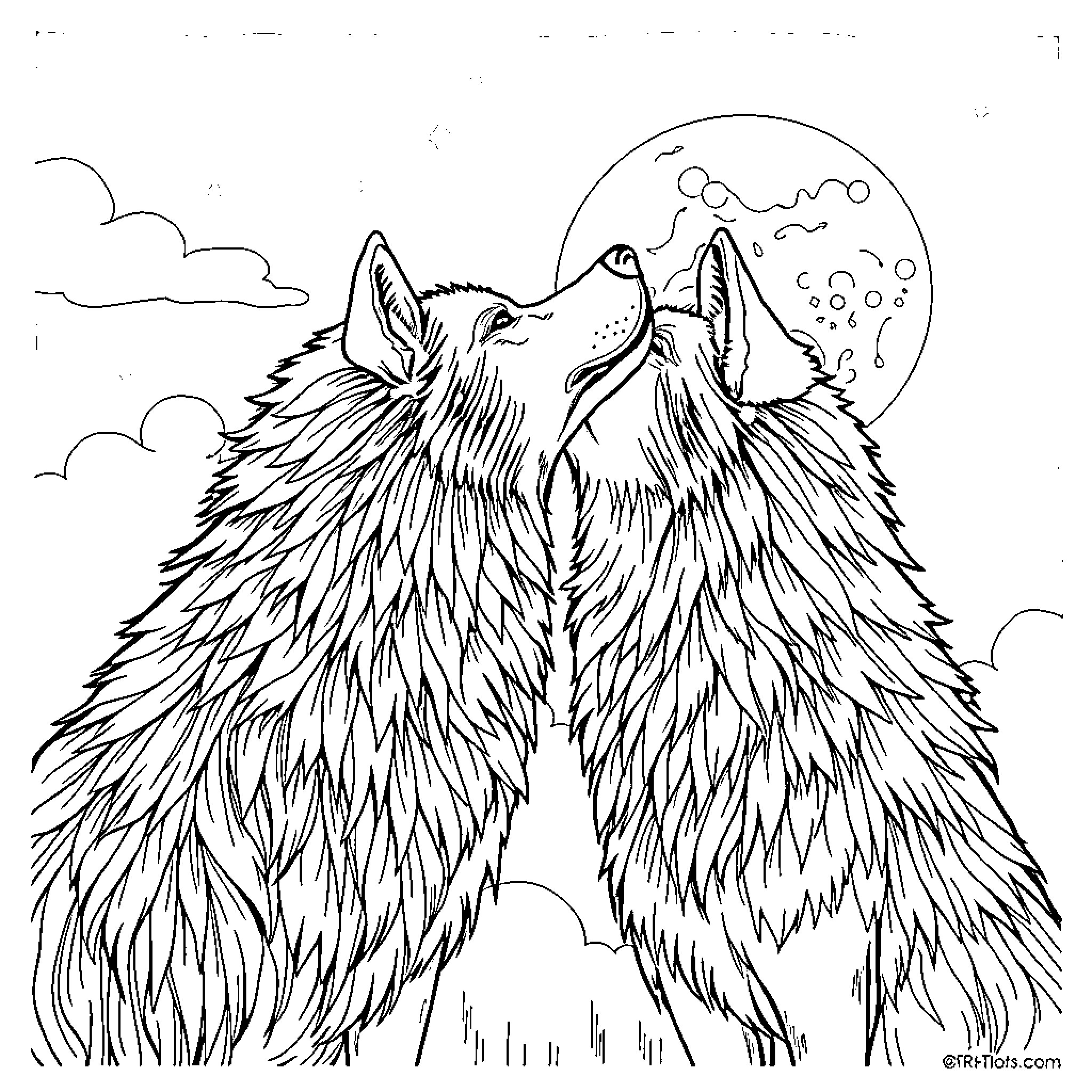 Wolf howling at the moonlit night sky Coloring Page (free black-and-white line drawing printable PDF for all, from beginners to advanced learners, including children, teens, adults, and seniors)