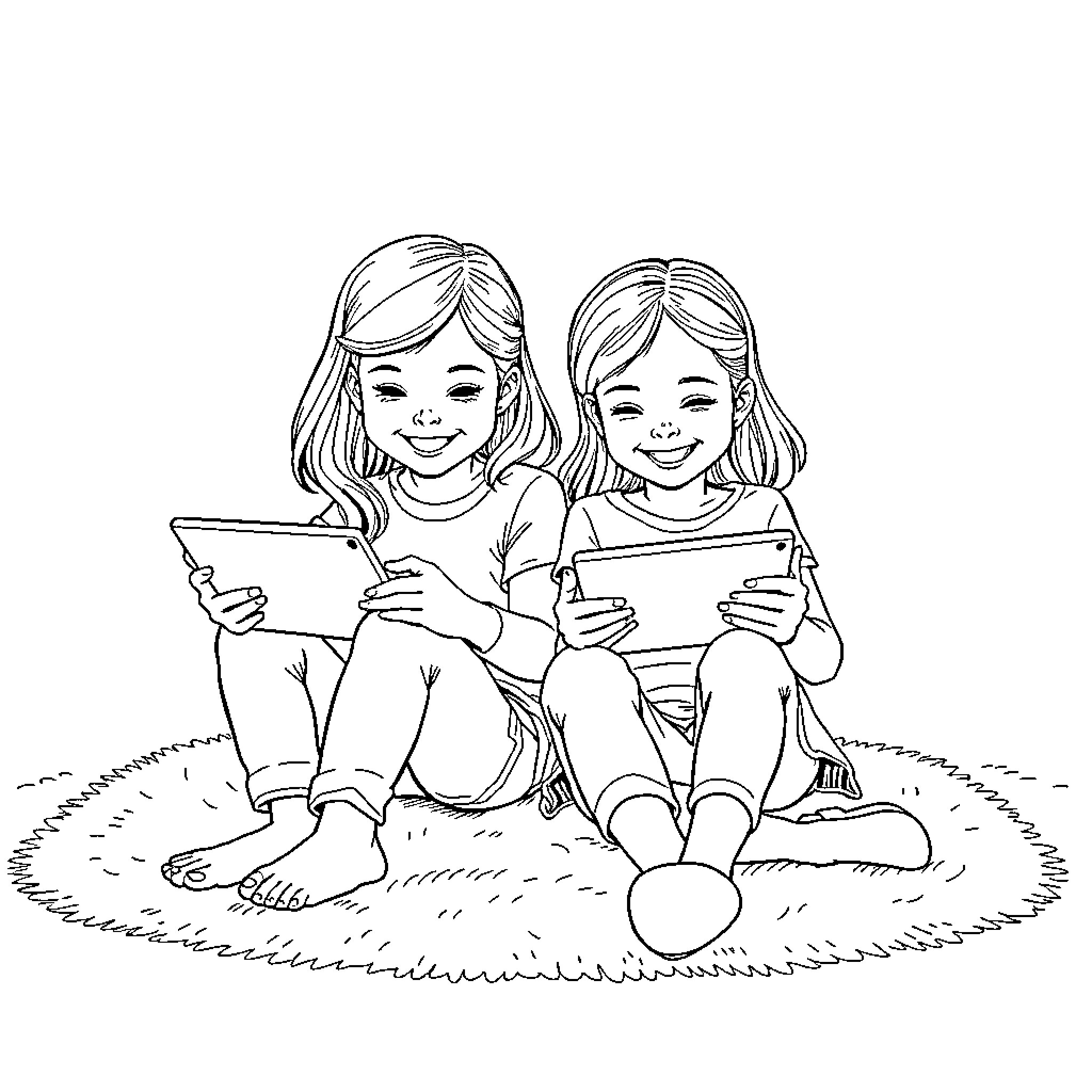 Sisters enjoying digital devices together Coloring Page (free black-and-white line drawing printable PDF for all, from beginners to advanced learners, including children, teens, adults, and seniors)