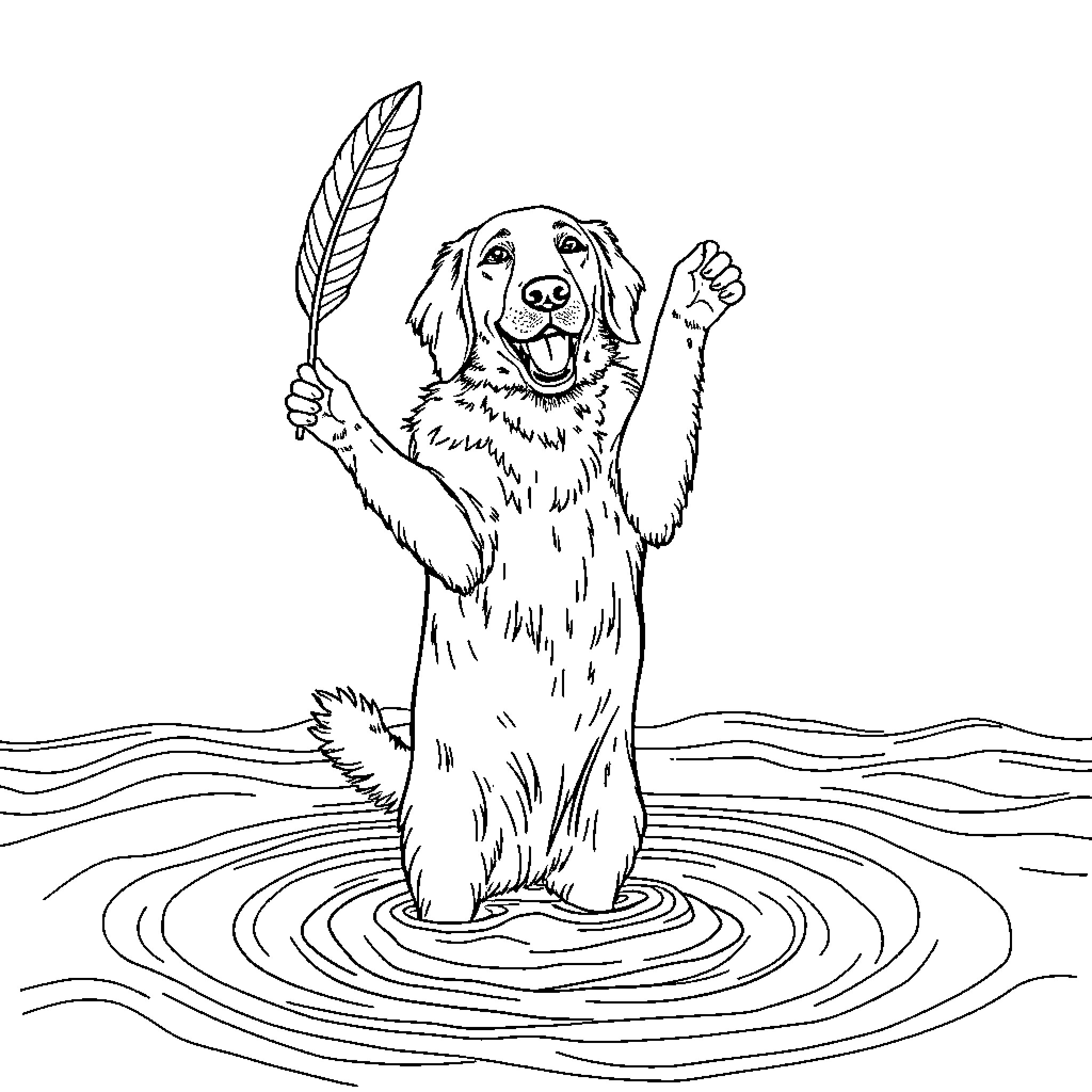 Golden Retriever playing with a feather in the water Coloring Page (free black-and-white line drawing printable PDF for all, from beginners to advanced learners, including children, teens, adults, and seniors)