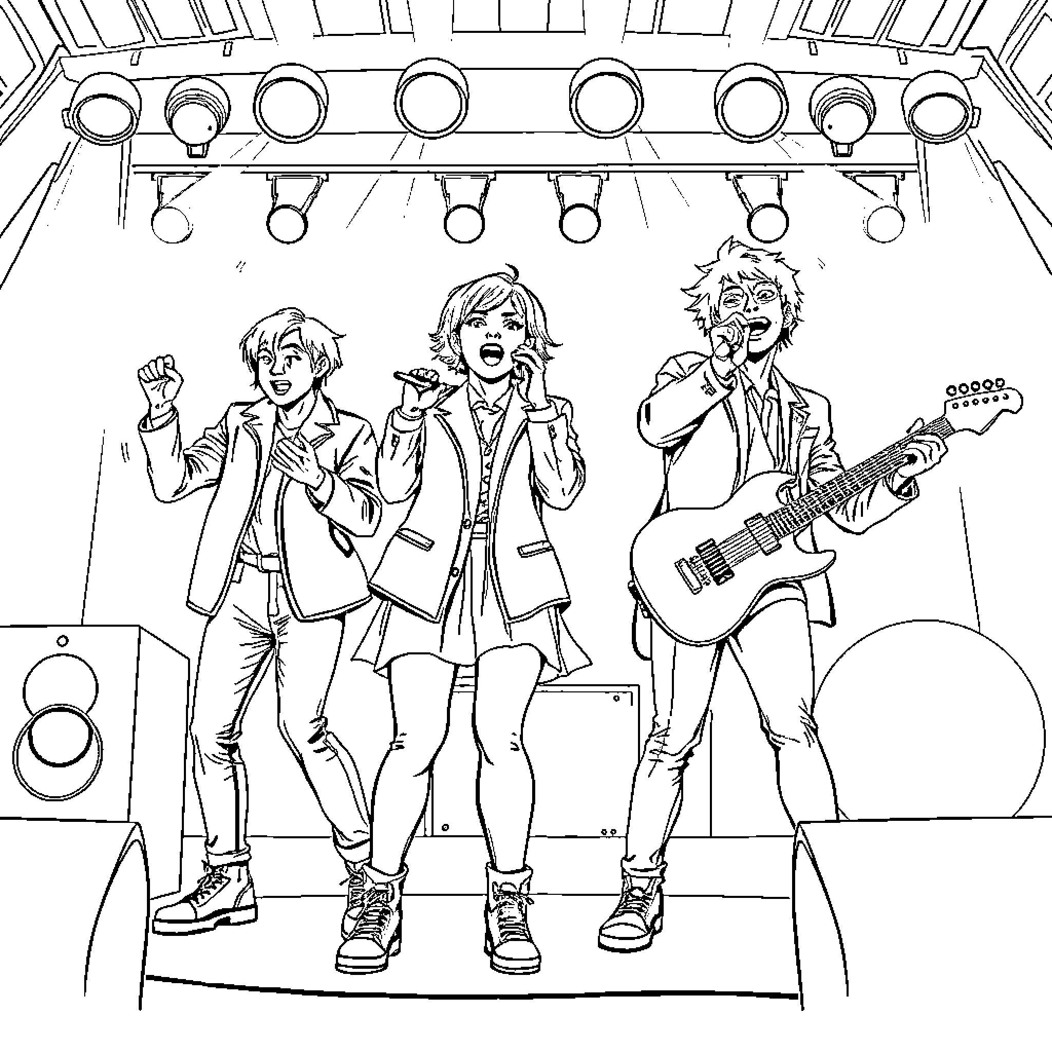 Gerreras performing on stage with musical instruments Coloring Page (free black-and-white line drawing printable PDF for all, from beginners to advanced learners, including children, teens, adults, and seniors)