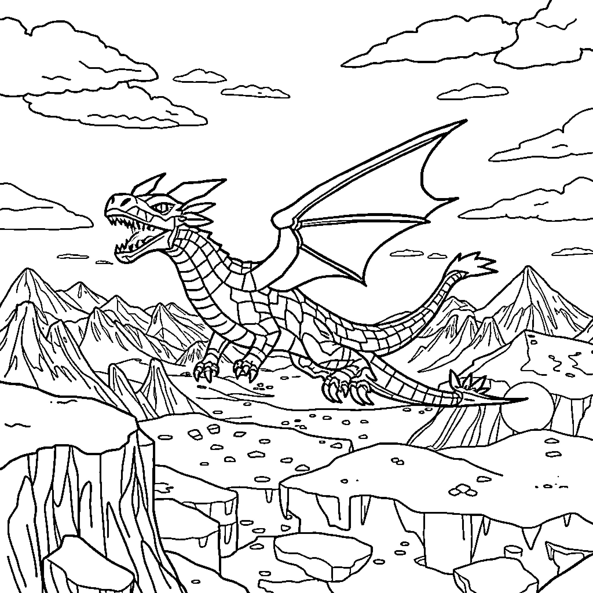 Dragon soaring over rugged mountains and clouds Coloring Page (free black-and-white line drawing printable PDF for all, from beginners to advanced learners, including children, teens, adults, and seniors)