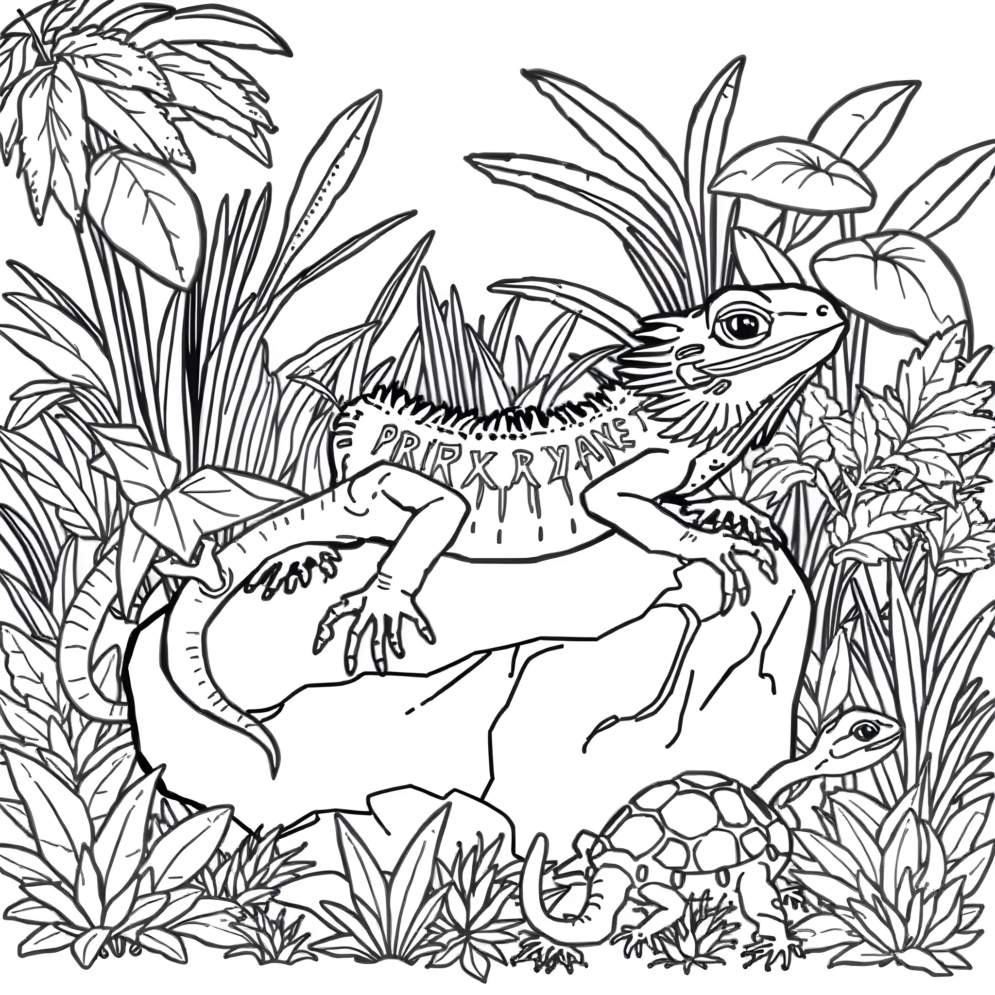 Bearded Dragon exploring lush tropical foliage Coloring Page (free black-and-white line drawing printable PDF for all, from beginners to advanced learners, including children, teens, adults, and seniors)